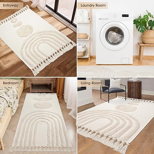 Miniatura 7 de LINROMIA Alfombra bohemia de pasillo de 2 x 6 pies, alfombra de pasillo con arco iris bohemio copetudo, pelo medio y borlas, lavable a máquina,