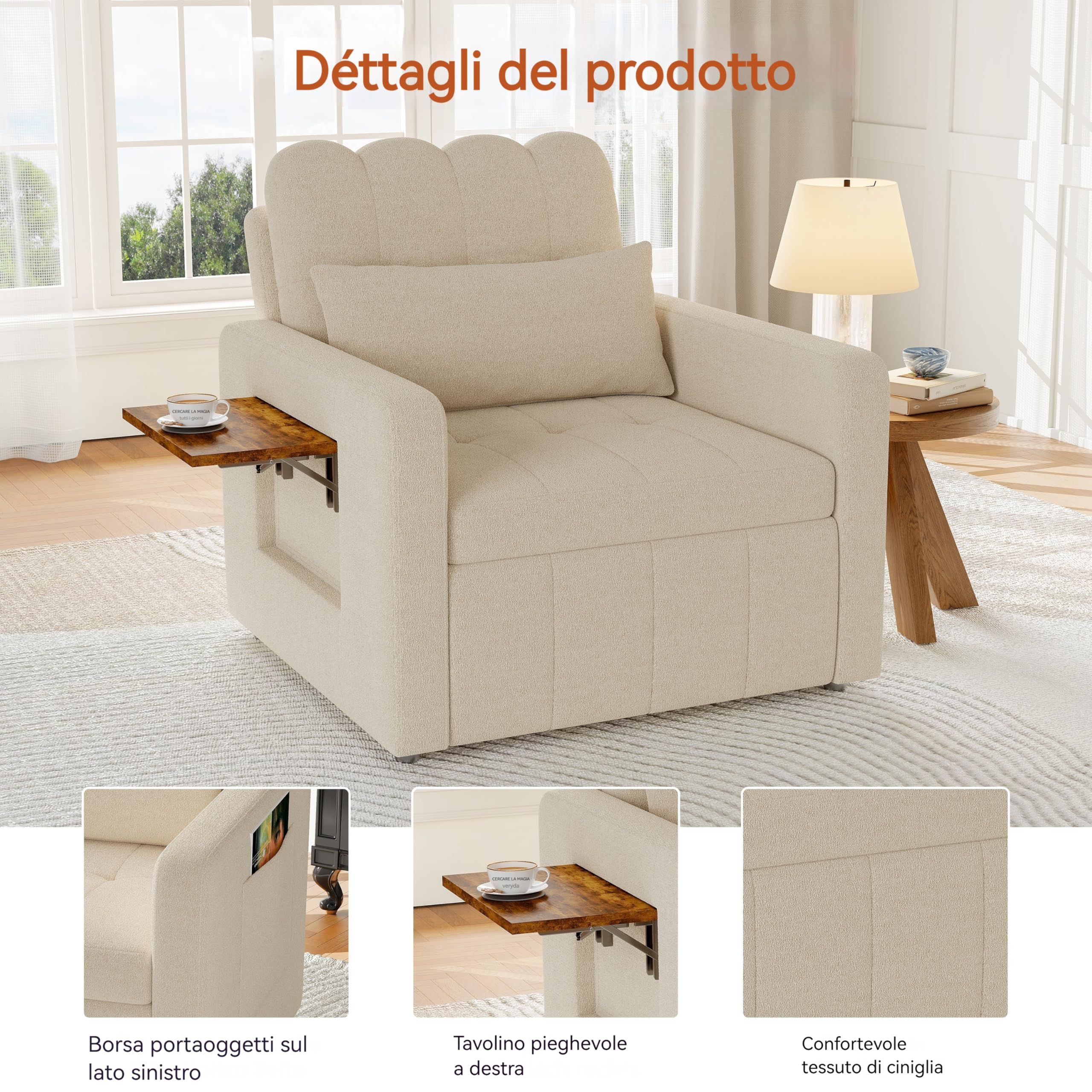 Poltrona letto convertibile 3 in 1, sedia a letto con funzione letto, divano allungabile, letto con tavoli da tè pieghevoli, divano letto singolo, poltrona regolabile con cuscino (beige, 190 x 108 x