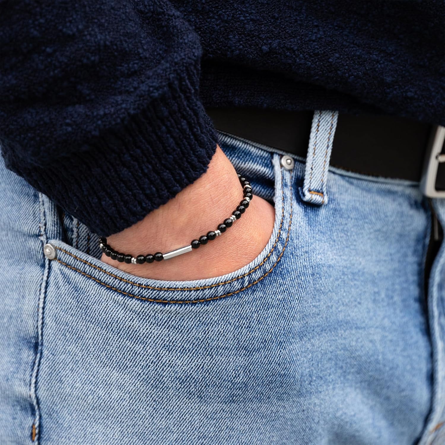 Elegatto Premium Onyx Beaded Bracelet for Men | Polished Onyx Beads with Silver Polished Stainless Steel Accents | Men’s Designer Bracelets - Image 4