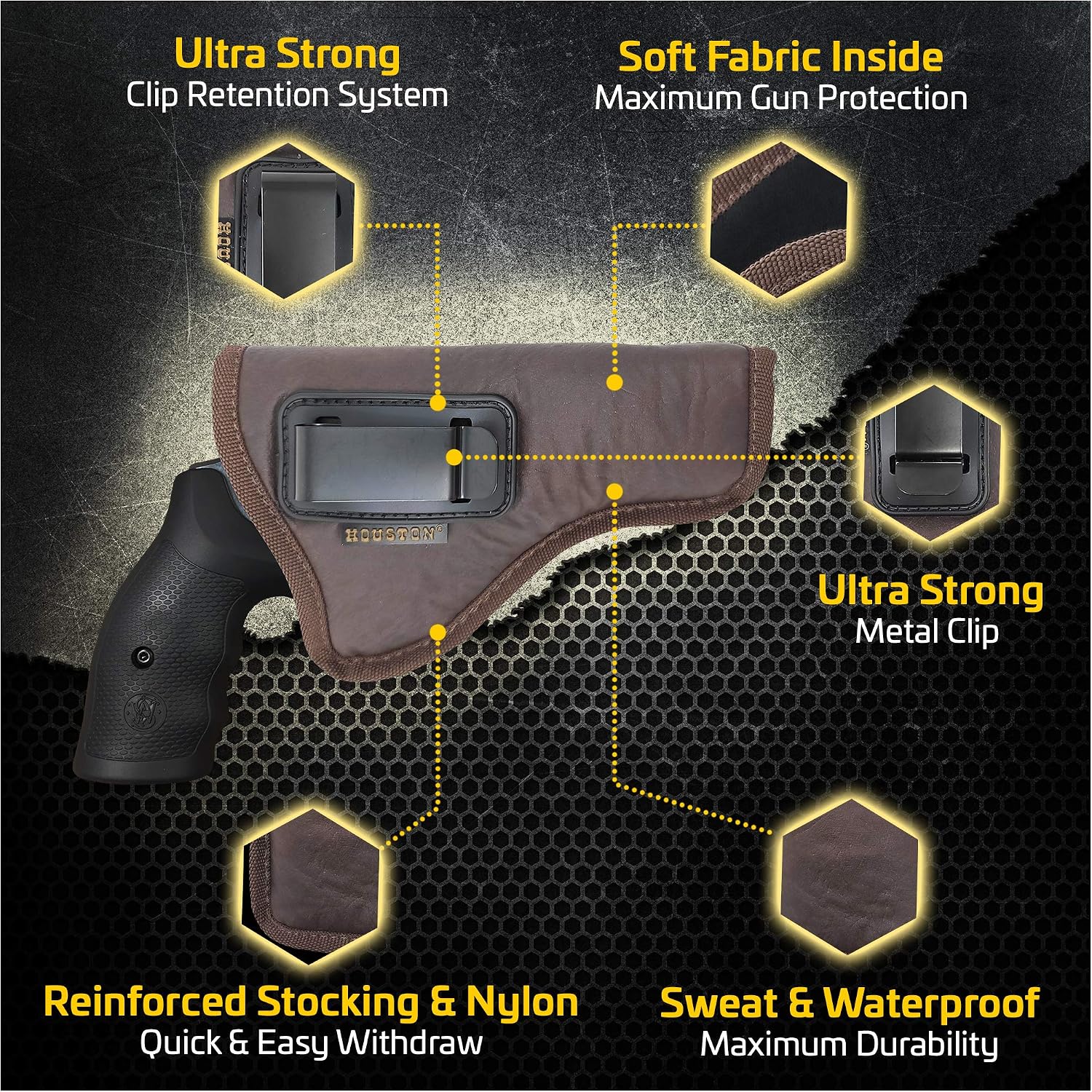 Brown Inside Waistband Gun Holster for Men/Women for Revolvers K, L, M & N Frames, 5 & 6 Shots, 3.5" to 4.5" Barrel. Eco Leather Concealed Handgun Holster 9mm. Pistol Holsters by Houston
