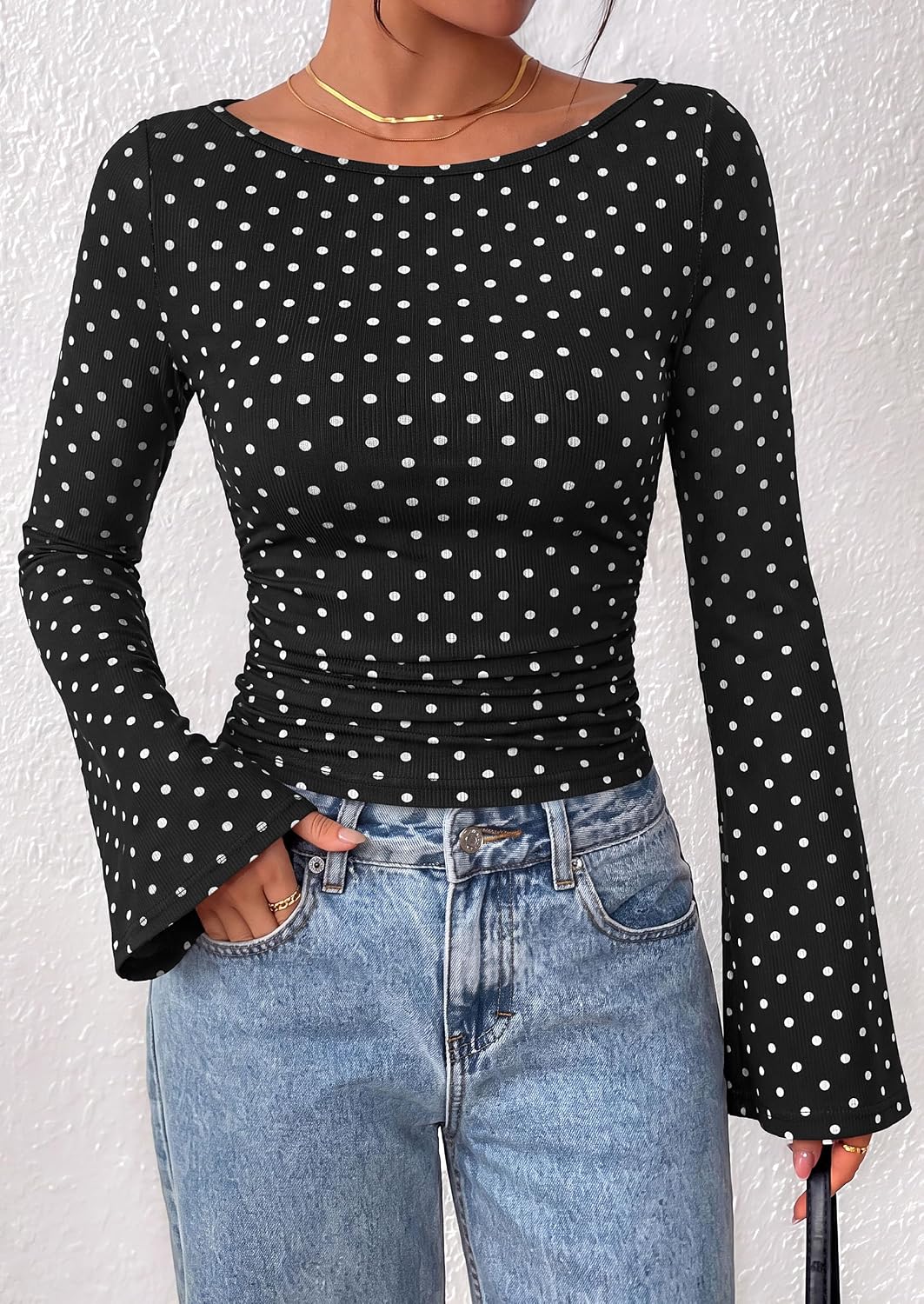  Womens Bell Long Sleeve Ribbed Knit Tops thumbnail