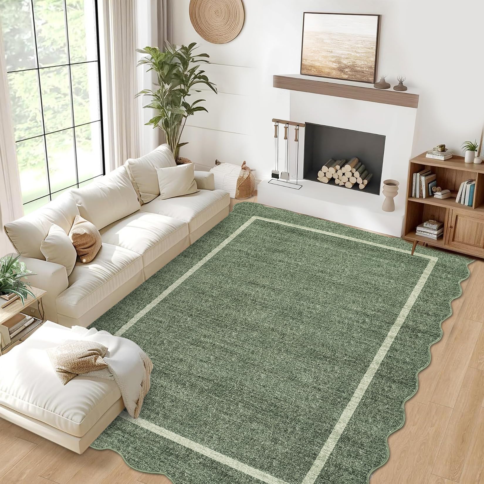 GarveeHome Scalloped Washable Area Rug 8x10 feet Rug for Living Room Modern Rug Non Slip Throw Rugs Large Rugs for Bedroom Low Pile Non Shedding Stain Resistant Carpet for Dining Room 8'x10' Greyish Green