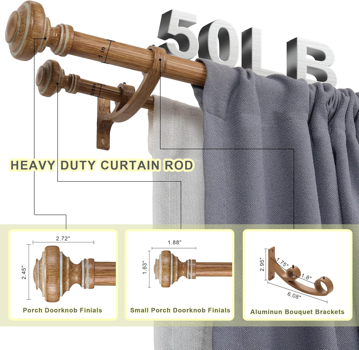 Wood Double Curtain Rod for Windows 72 to 144 Inches, Adjustable Heavy Duty Dual Drapery Rods, Farmhouse Collection Decorative Design with Porch Doorknob Finials,Brown Wood Grain