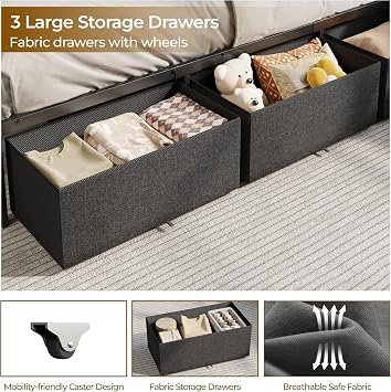 OURPIC - Corner Bed Frame with Storage Shelf and LED Lights, Twin Size Bed Frames with Upholstered Headboard and Charging Station, Twin Bed with 3 Drawers