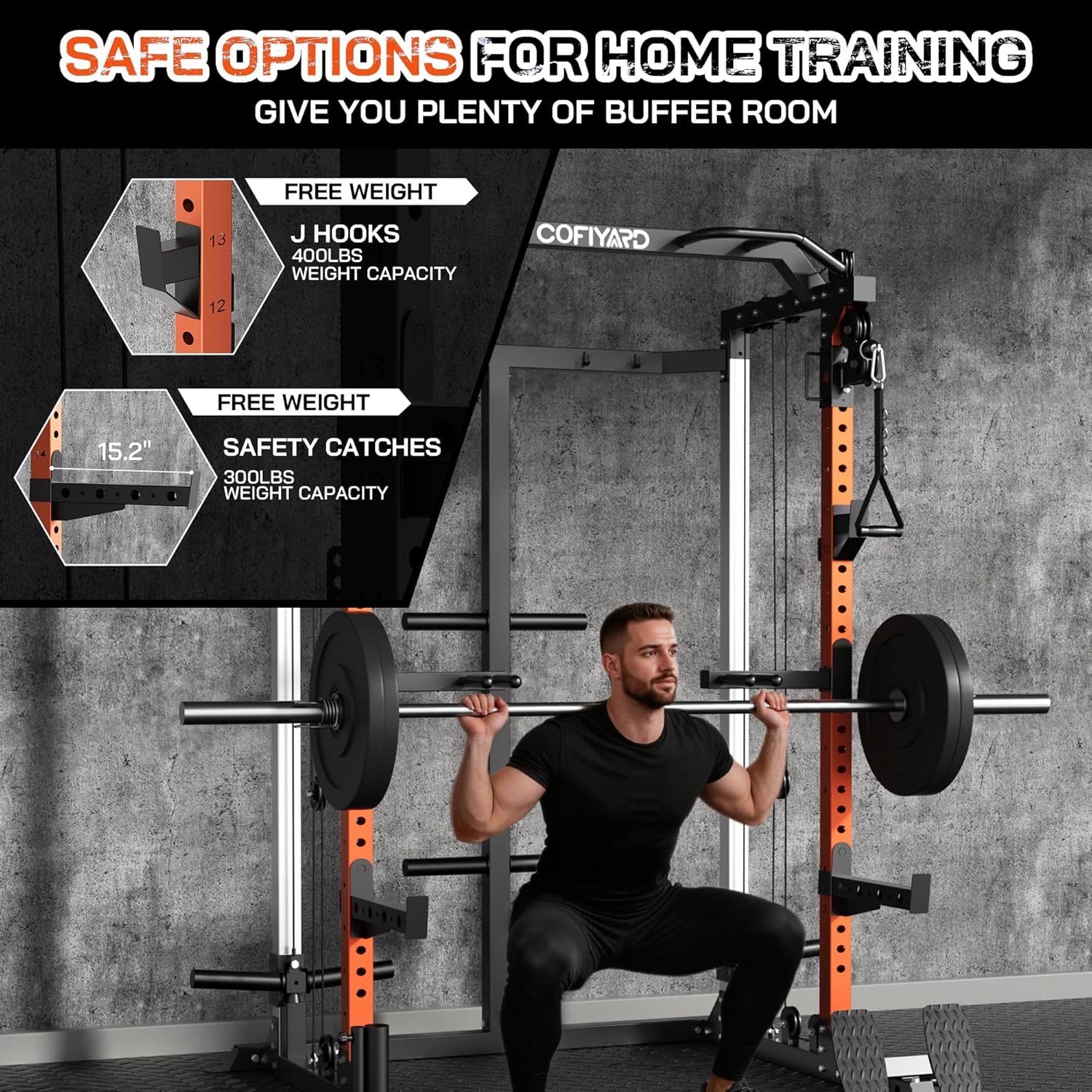 Cofiyard Power Cage, Power Rack with Dual Pulley System, Multi-Function Squat Rack with Cable Crossover, Home Gym Workout Machine