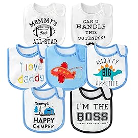 2ooya 7Pcs Cotton Waterproof Baby Bibs Adjustable Hook Loop Closure Infant Bib Unisex Blue Newborn Infant Food Bibs Keepsake Baby Gift for Drooling Feeding Eating Teething, 6-12 Months