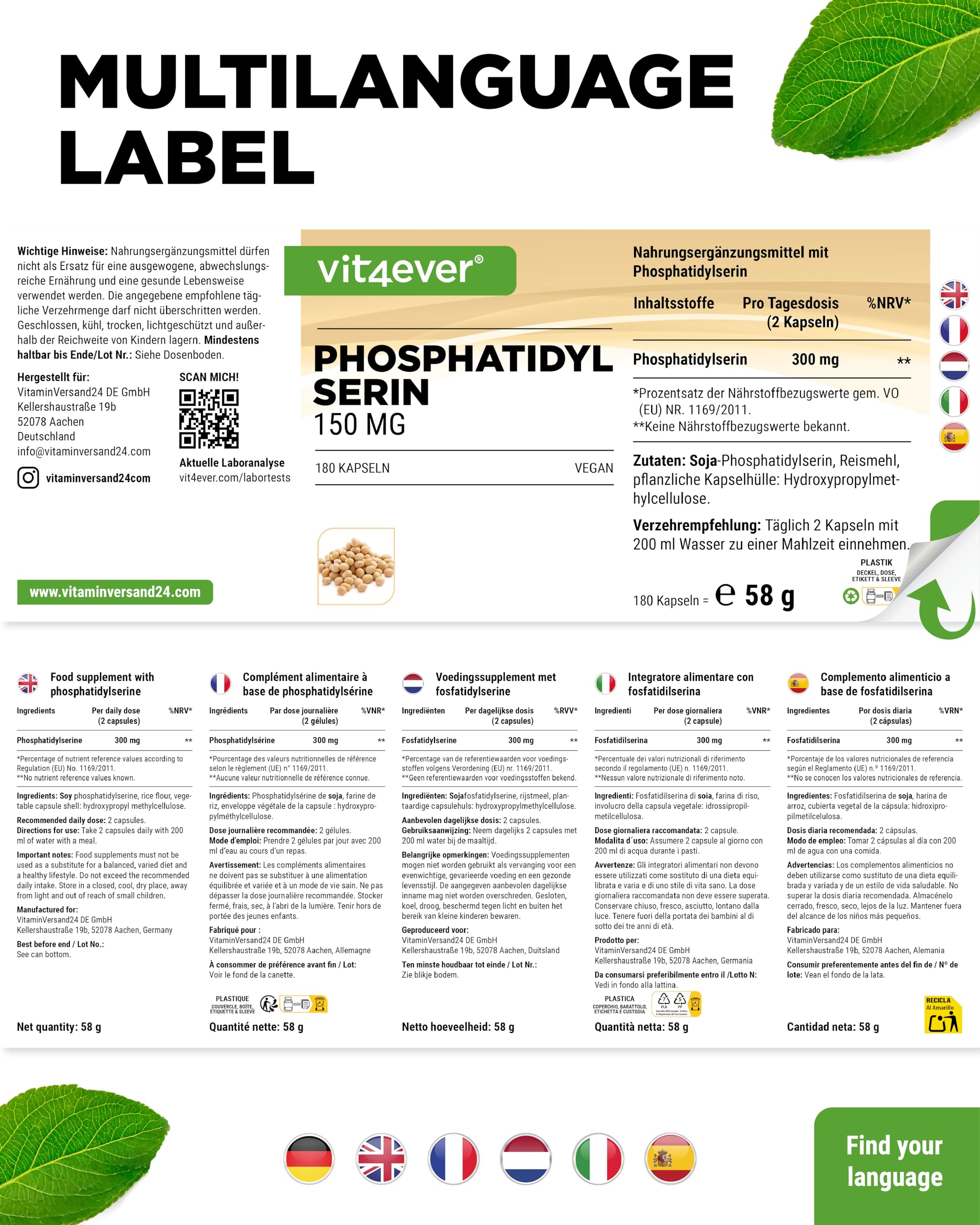 vit4ever Phosphatidylserin Kapseln - 300 mg pro Tagesportion - 180 Kapseln - Hochdosiert - PS Phospholipid - Vegan - Ohne unnötige Zusätze - Laborgeprüft