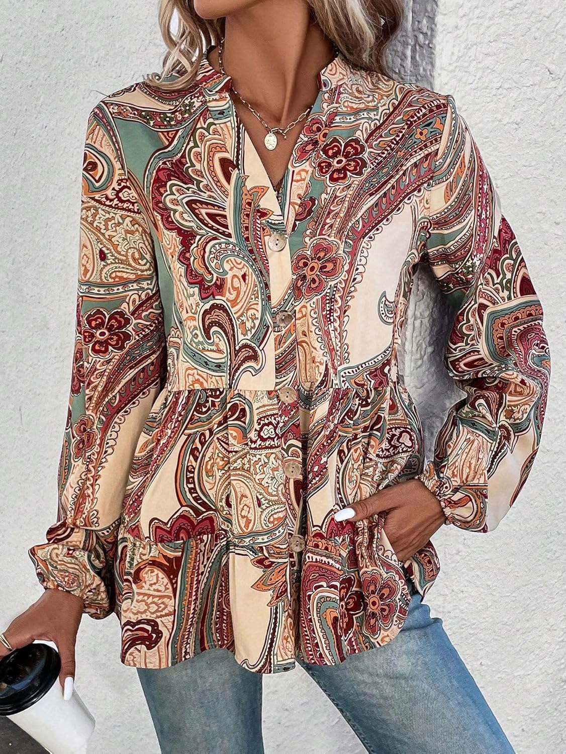 WDIRARA Women's Paisley Print Notched V Neck Bishop Long Sleeve Ruffle Hem Blouse Peplum Top - Image 5