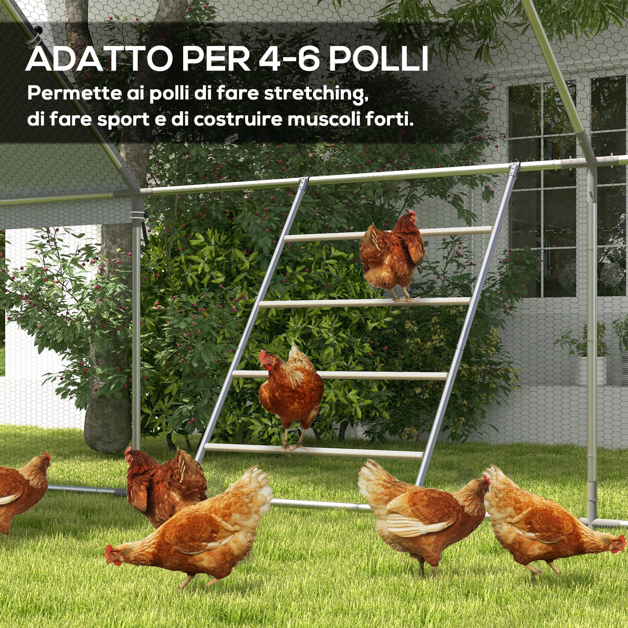 PawHut Trespolo per Galline a 4 Livelli, Posatoio per Galline in Legno e Acciaio Zincato, Scaletta per Pollaio per 4-6 Polli, 140x86x2.5 cm, Colore Legno