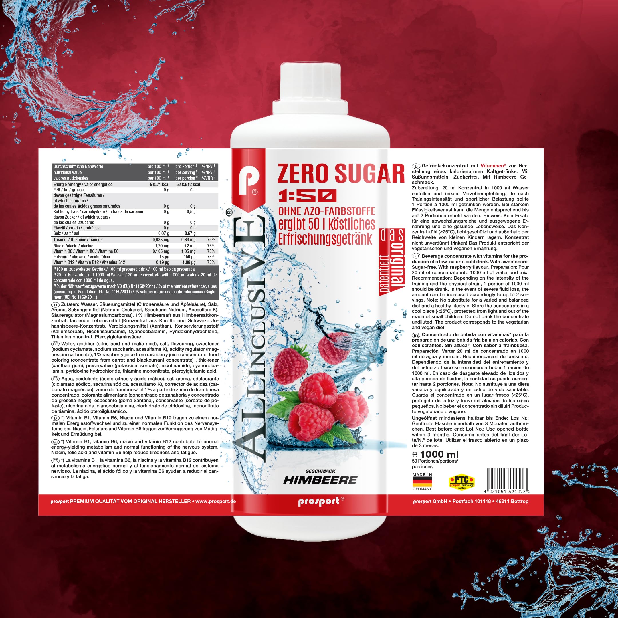 Prosport Allinclusive® Himbeere 1000ml + Dosierpumpe – ZERO SUGAR Sirup mit Vitaminen – Premium Getränkekonzentrat 1:50 – Ohne Zucker, Aspartam & Azofarbstoffe – Perfekt für Wassersprudler