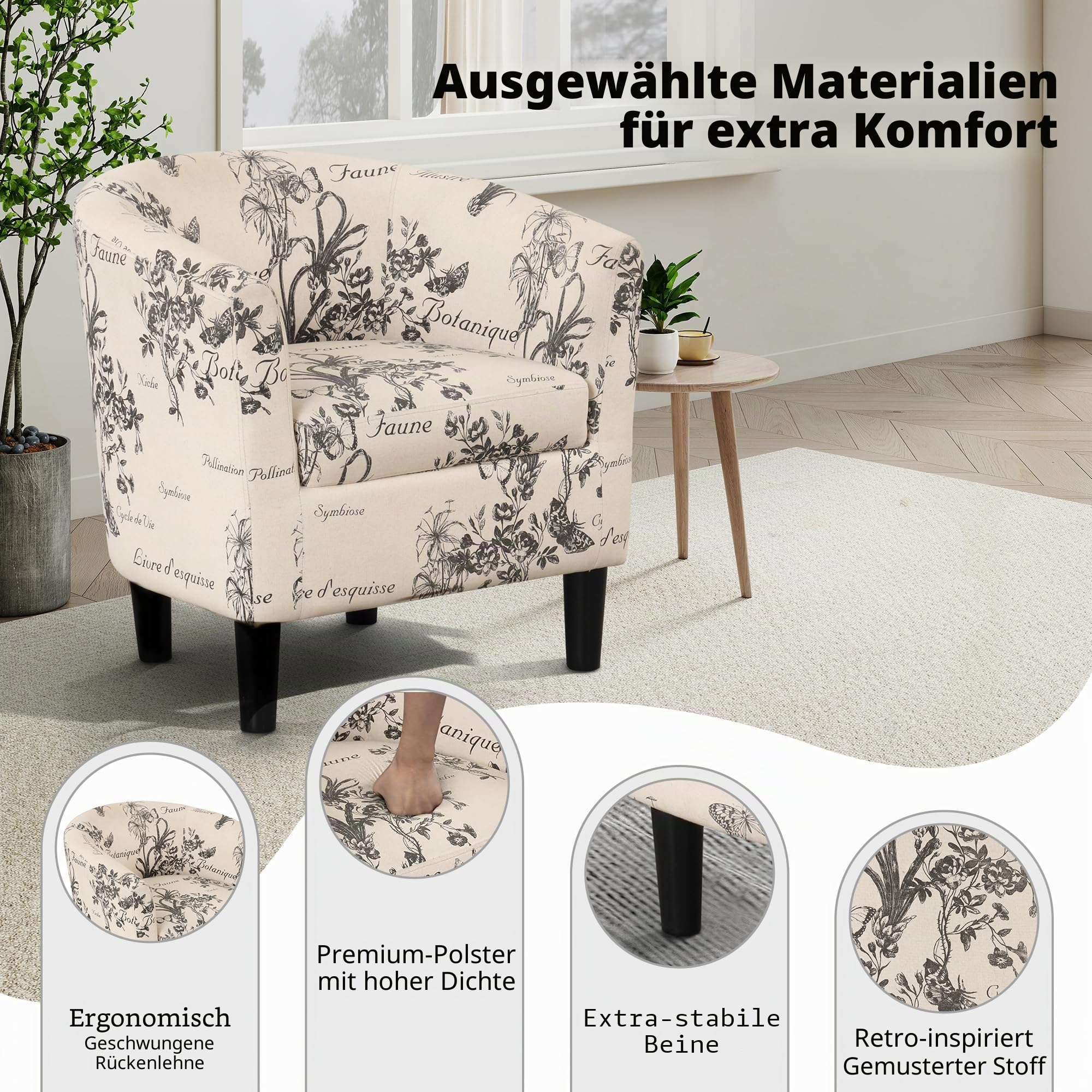 EBELLO Relaxsessel Sessel Wohnzimmer Sessel mit Hocker Ohrensessel Loungesessel Akzent-Sessel mit Ottomane für kleine Räume – bequemer Lesesessel aus Stoff für Wohnzimmer Schlafzimmer