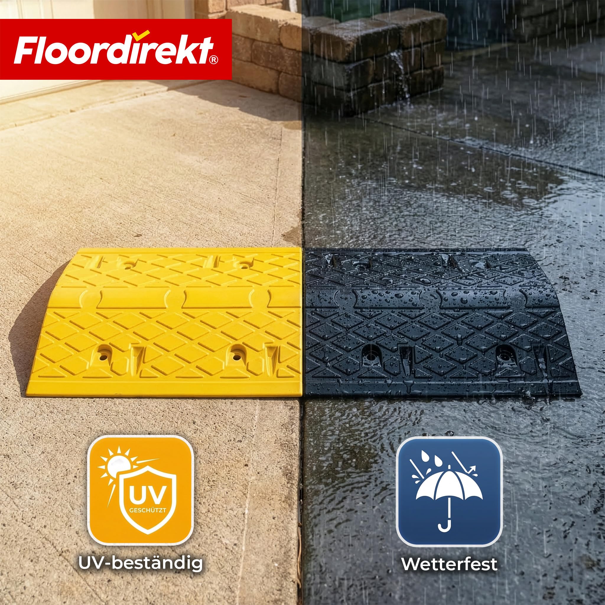 Floordirekt Gummi Bodenschwelle 2-teilig Hochwertige, Fahrbahnschwelle für effektive Geschwindigkeitsbegrenzung, Temposchwelle, (Schwarz-Gelb, 100 x 35 x 5 cm - Vento)