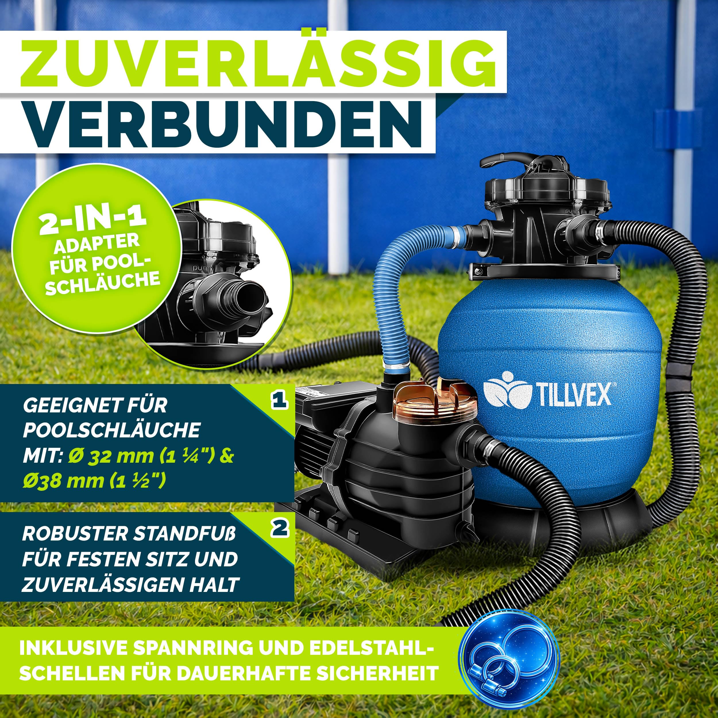 tillvex® Sandfilteranlage Pool 13.200L/h bis 40.000L + 1200g Filterbälle | Filteranlage 7-Wege Ventil & 2in1 Adapter Ø32-38mm | Poolfilter Selbstansaugend | Sandfilter Schwimmbecken (Blau)