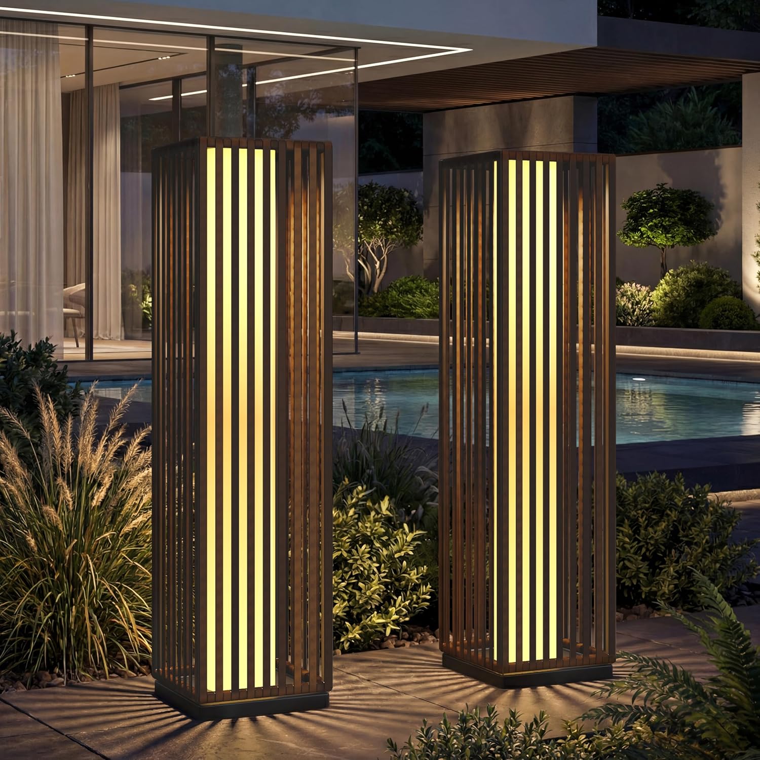 Solar Yard Outdoor Floor Lamp, 30" Slim Wicker Solar Floor Light with Dual Brightness 50/100 Lumens, Auto On/Off Patio, Pathway, Backyard, Poolside, Garden & Porch Decor Light, Brown (Brown, 2 Piece)
