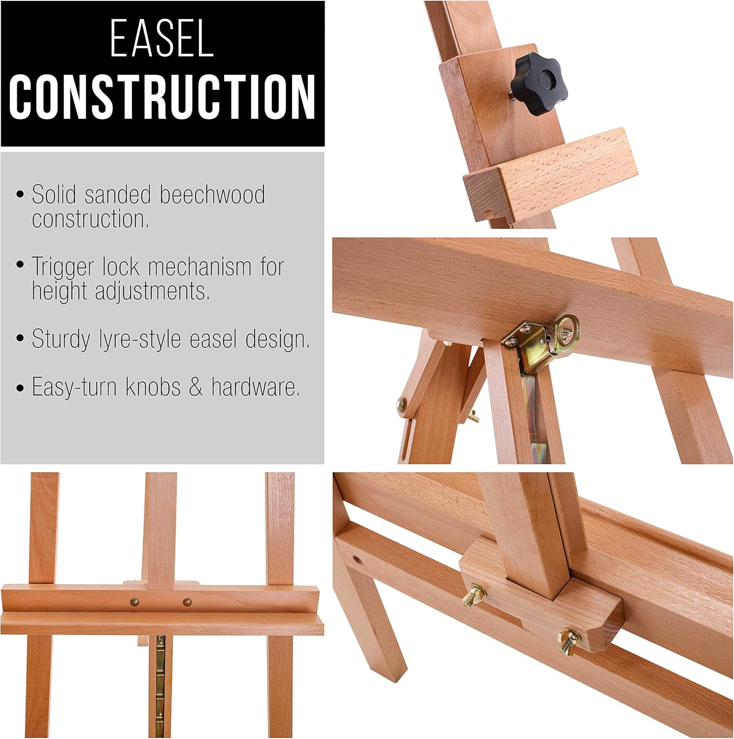 U.S. Art Supply 64" to 89" La Jolla Classic A-Frame Wood Easel, Lyre Style Studio Easel - Wooden Artists Floor Stand, Sturdy, Adjustable Height to 48" Canvas - Painting, Drawing, Sign Display