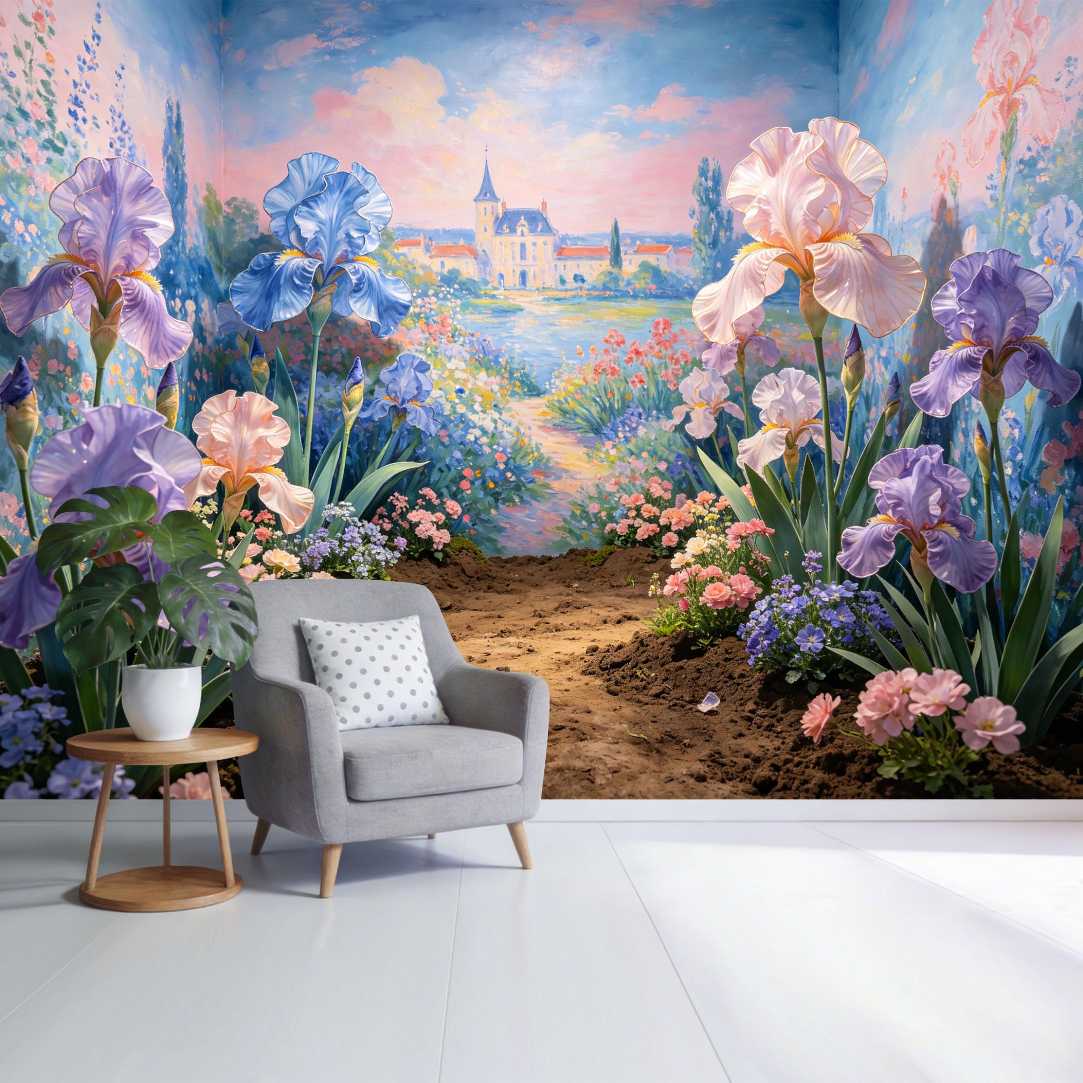 Custom Size Wall Mural Pastel Garden Landscape Irises Flowers Path to Chateau Watercolor Botanical Scenery SelfAdhesive Wall Fabric Removable Wallpaper for Home Office Decor