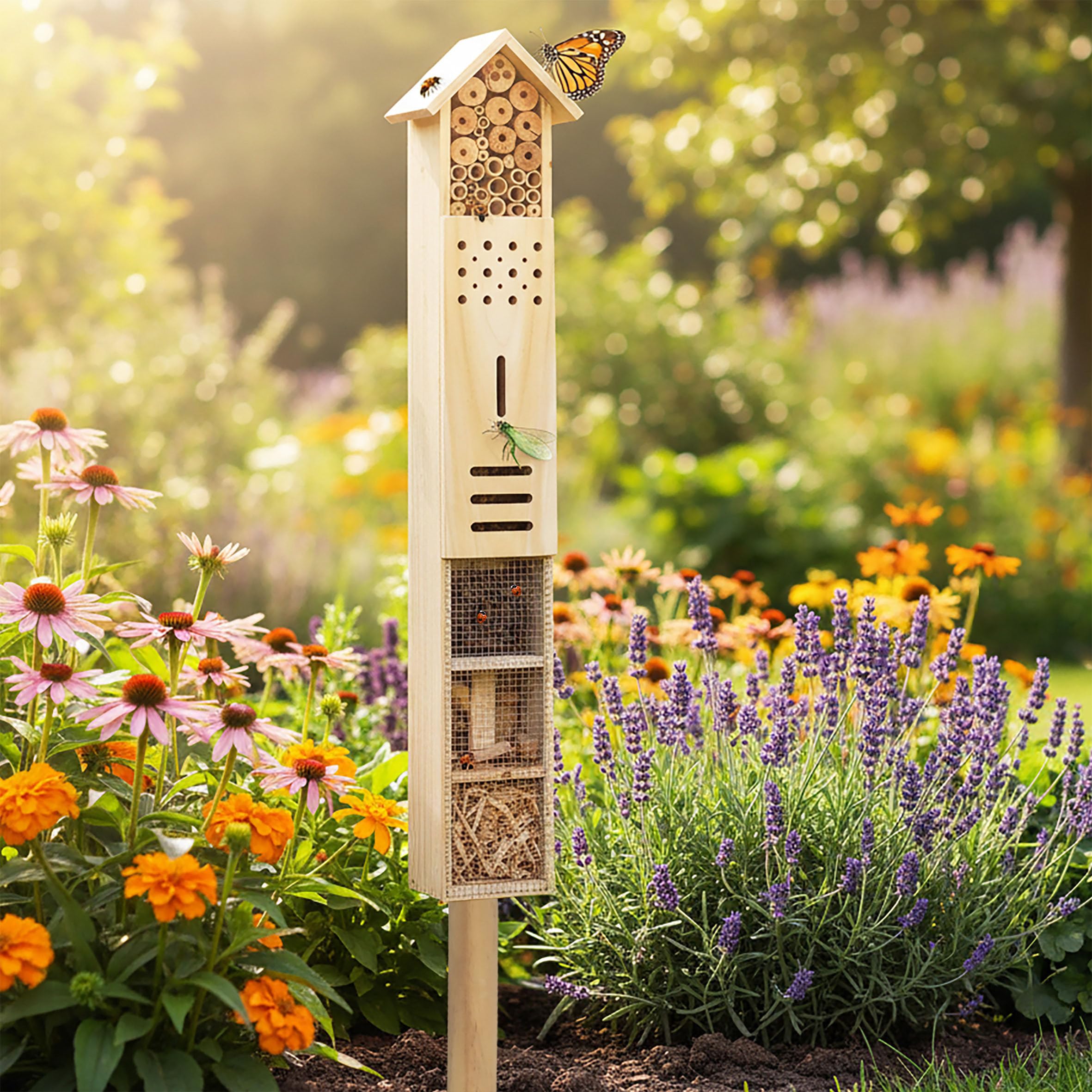 Spetebo Hotel para insectos XXL con estaca – 79 cm x 15 cm x 10 cm – Soporte para casa para insectos