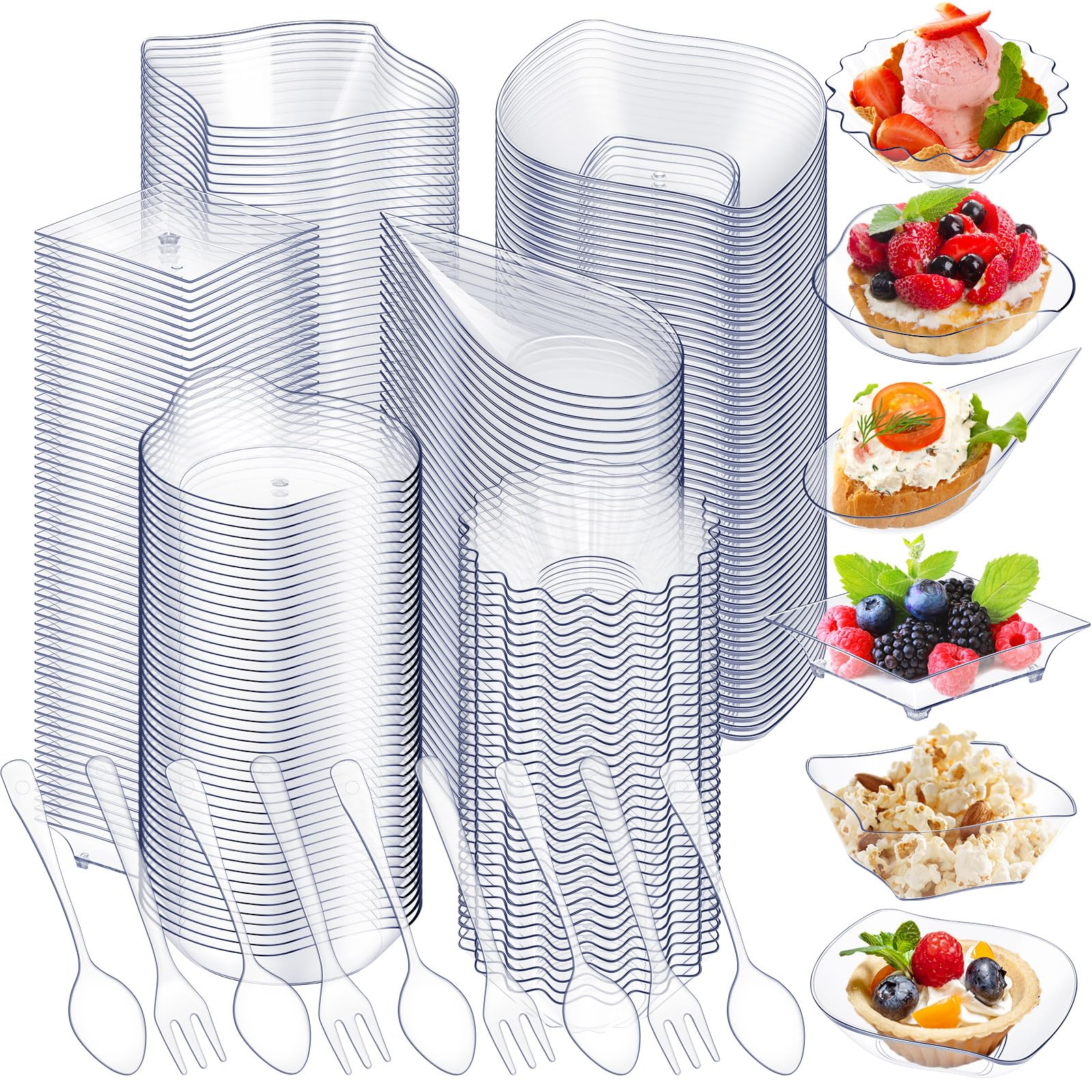 Tessco for you 1200 Pcs Mini Appetizer Plates Set Including 6 Shapes Disposable Mini Dessert Cups, Spoons and Forks for Party Wedding Pudding Ice Cream (Clear)