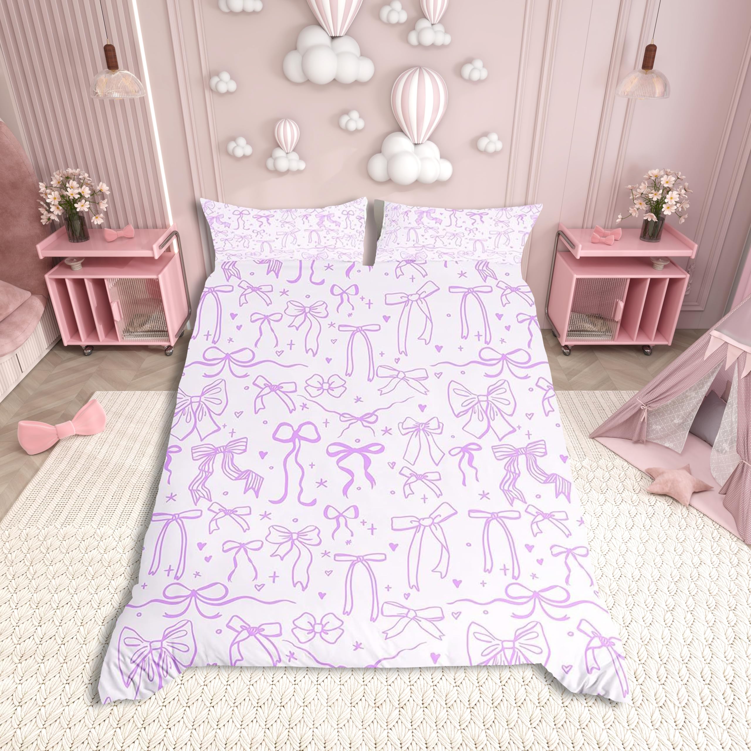 Cartoon Bowknot Kids Bedding Set Super King,Purple Bow Tie Duvet Cover Set 3Pcs,Butterfly Knot Princess Girls Comforter Cover for Teens Woman,Bow Stars Love Sweet Girly Quilt Cover,2 Pillowcases