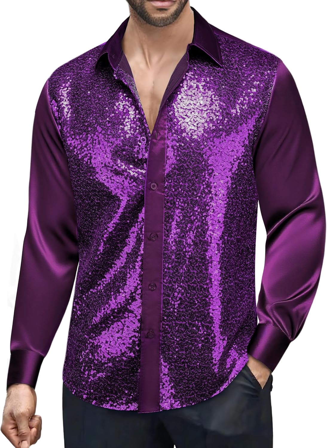 Barry.Wang Mens Disco Shirt Sequins Satin Shiny Metallic Long Sleeve Button Down Shirts 70s Vintage Cocktail Nightclub Rock
