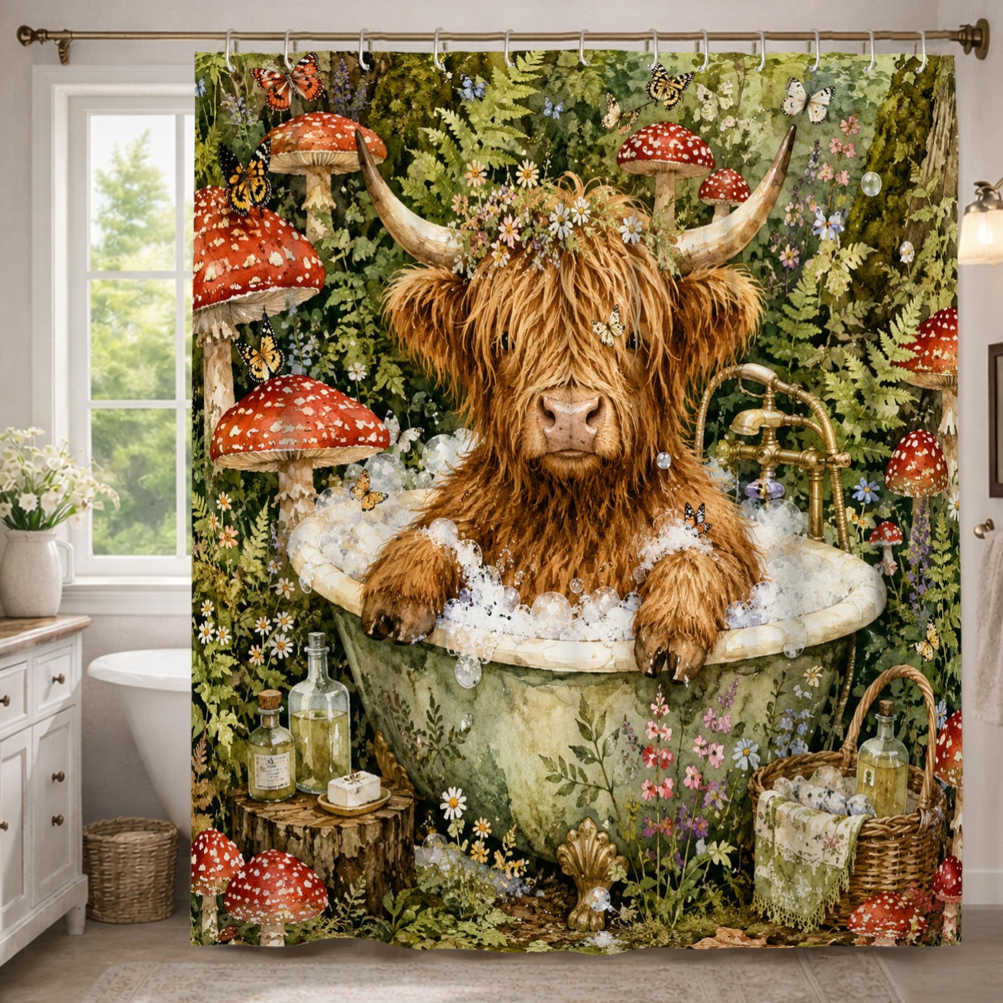 Rideau de douche extra long vache des Highlands vert printemps 183x243 cm