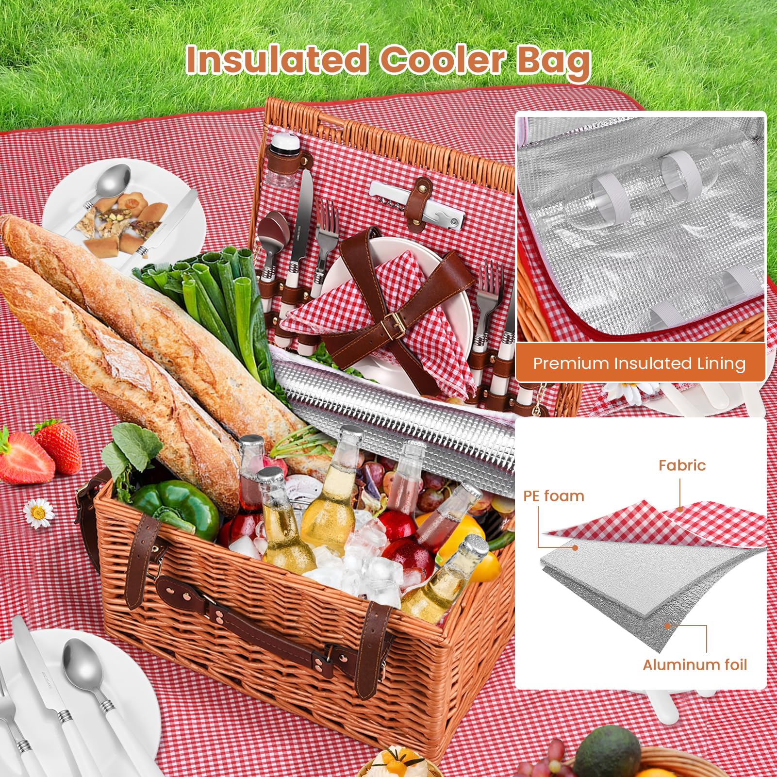 Juego de Cestas de Picnic de Mimbre para 4 Personas, con Compartimento Refrigerante, Manta Impermeable, Platos, Vasos, Cubiertos, para Acampada, Excursiones (Rojo, Hebillas de Cuero)