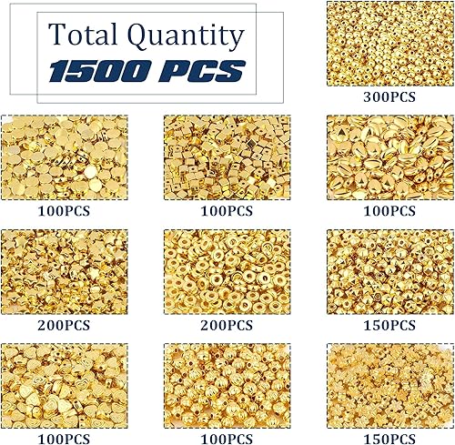 Miniatura 3 de 1500 cuentas espaciadoras doradas de 10 estilos, surtidas, para hacer joyas, cuentas sueltas para manualidades, pulseras, collares, aretes,