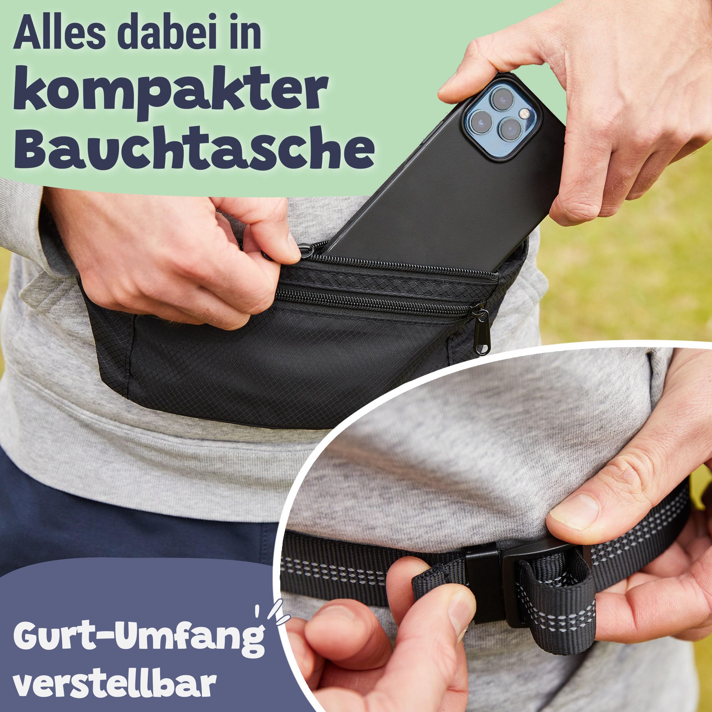 Handsfree Hundeleine mit Bauchtasche & Hüftgurt – Nie Wieder Leine in der Hand | Stoßdämpfer, Einziehmechanismus, 2 Sicherheitsgriffe & Reflektor | Jogging & Canicross 5–40 kg (Größe L)