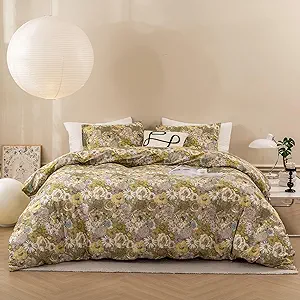 ECOCOTT Floral Duvet Cover Queen Size - Vintage Chic Garden Style Floral Pattern Printed Flower Duvet Cover Set Super Soft Comforter Quilt Cover with Zipper Closure 4 Ties