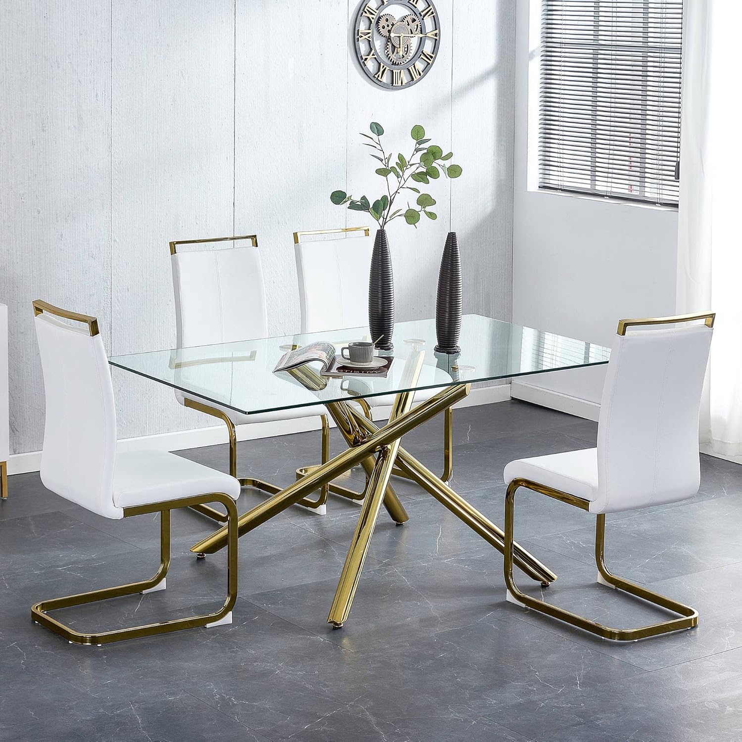 Pvillez 63" Glass Dining Table for 6 Person, Rectangle Tempered Glass