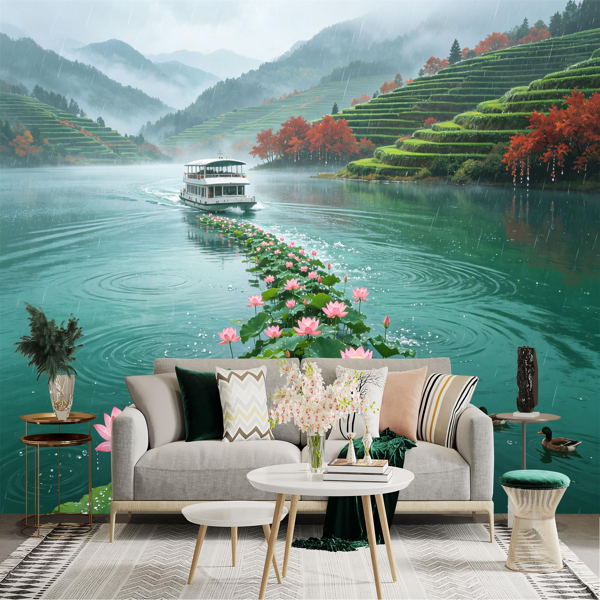 Custom Size Wall Sticker Mural， Boat on Misty Lake， Pink Lotus Flowers and Terraced Fields， for wall Decoration， peelandstick wall Decals.