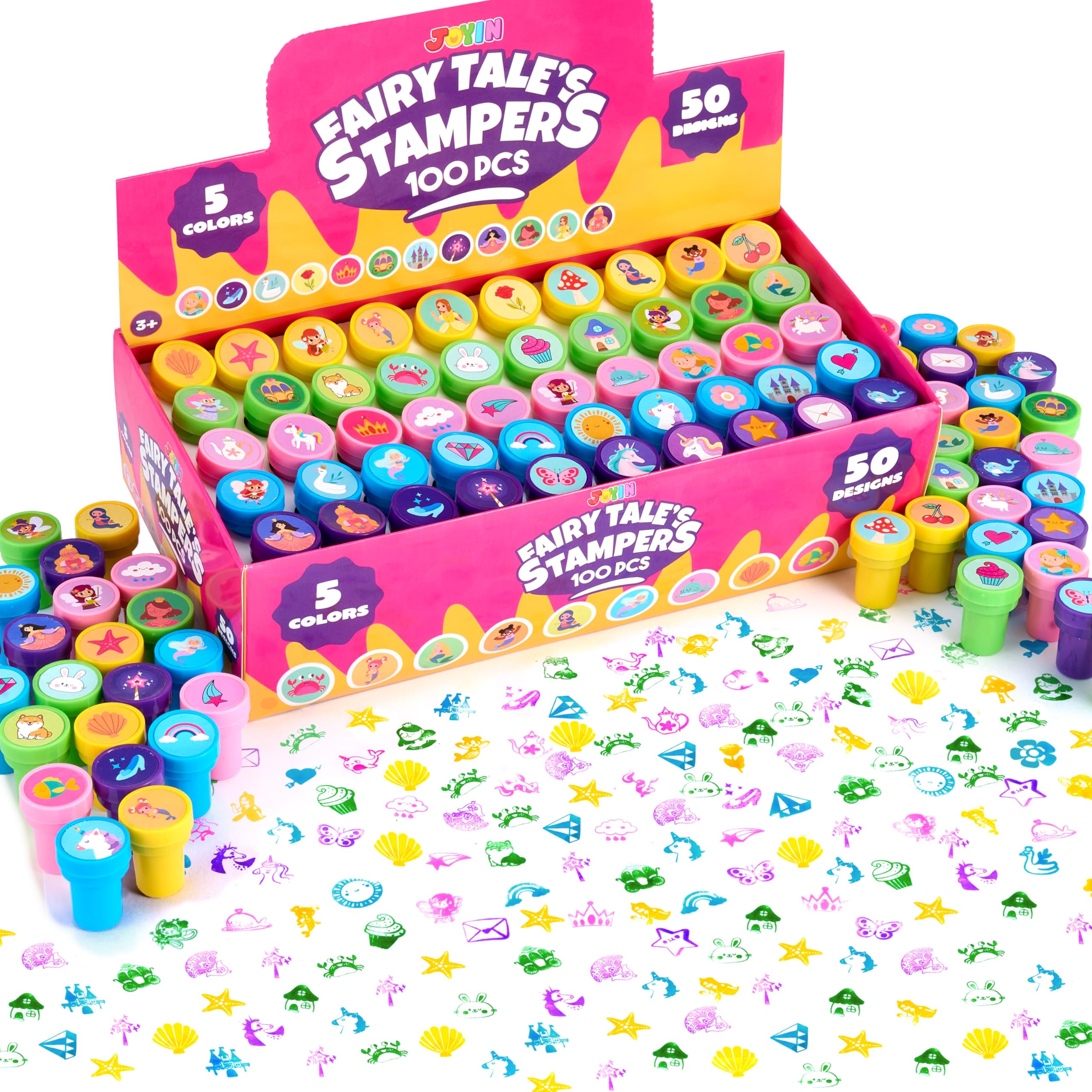 JOYIN 100PCS FairyTale's Stamps for Kids Self-Ink for Party Favor, Teacher Stamps, Kids Treasure Box, Prize for Classroom, Birthday School Stuffers (50 Designs, Mermaid, Princess, Unicorn Stampers)