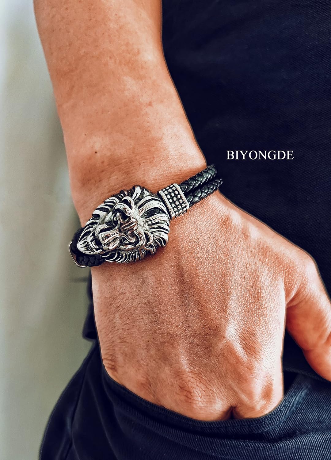 Mens Black braided leather Bangle Bracelet, Vintage Stainless Steel Roaring Lion Head, Two-row - Image 2