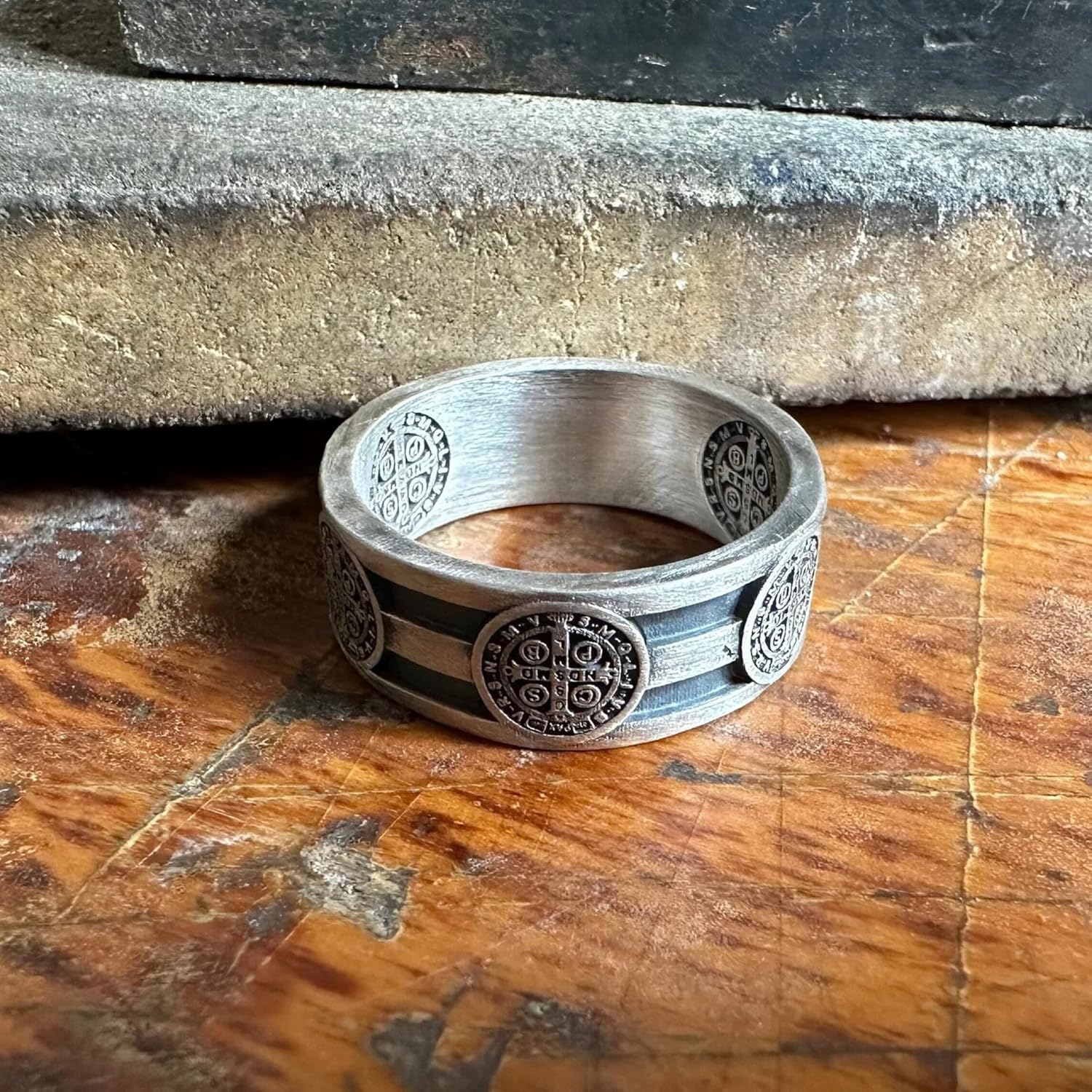 Saint Benedict Band Ring, Wedding Band, Custom Jewelry, 925K Sterling Silver Ring, 0.019-0.020 lbs, 0,35 Inch, St Benedict Cross Exorcism Ring, Catholic Handmade Gift