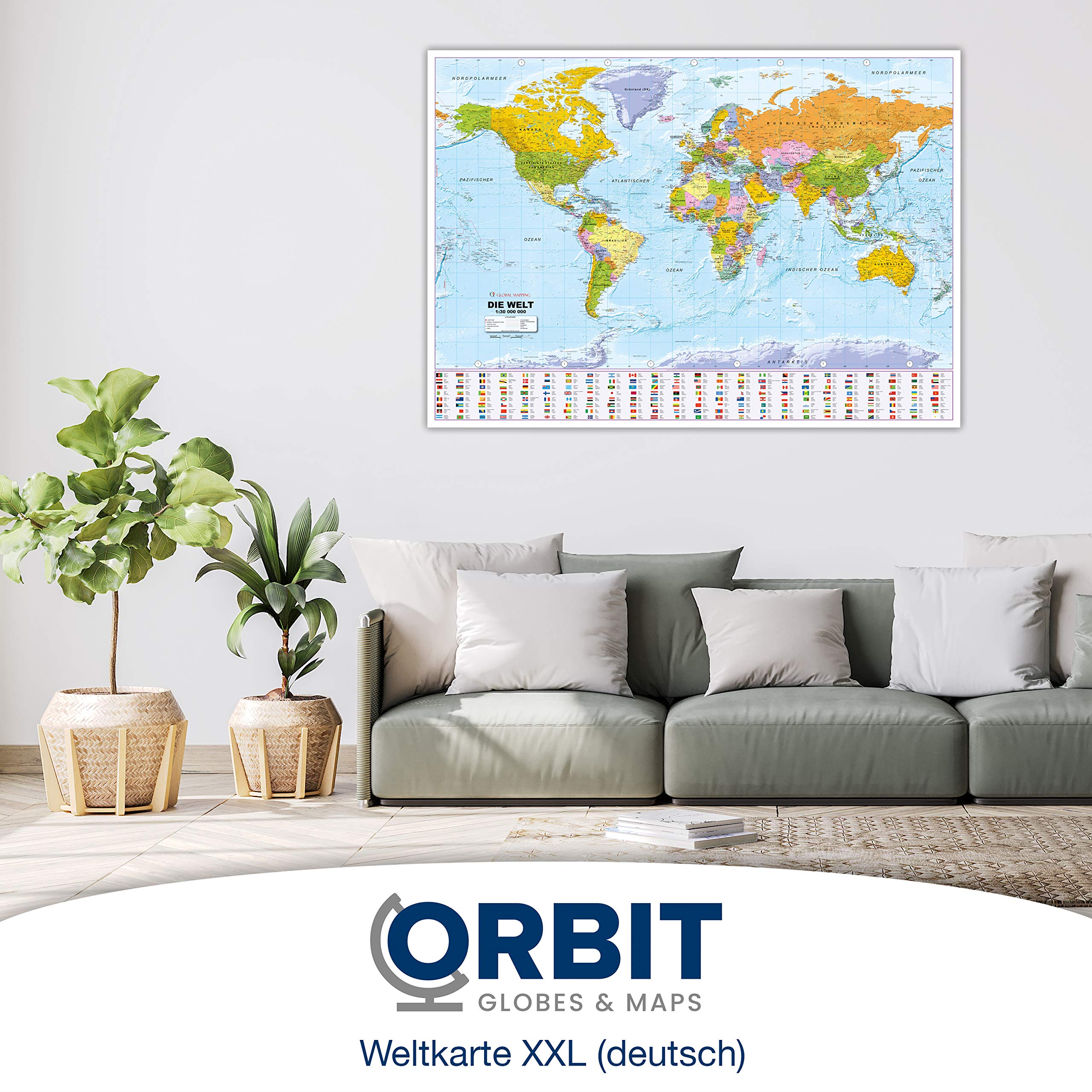 ORBIT Globes & Maps - Weltkarte XXL - Top-Aktuell 2026, deutsch, 136 x 96 cm, Maßstab 1:30 Mio mit seidenmattem Schutzlack inkl. Flaggenleiste
