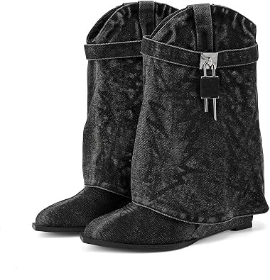 Embroidered Fold Over Wide Calf Wedge Pull-On Pointed Toe Western Cowgirl Floral Printing Denim Booties for Women with Side Metal Lock