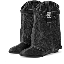 Embroidered Fold Over Wide Calf Wedge Pull-On Pointed Toe Western Cowgirl Floral Printing Denim Booties for Women with Side Metal Lock