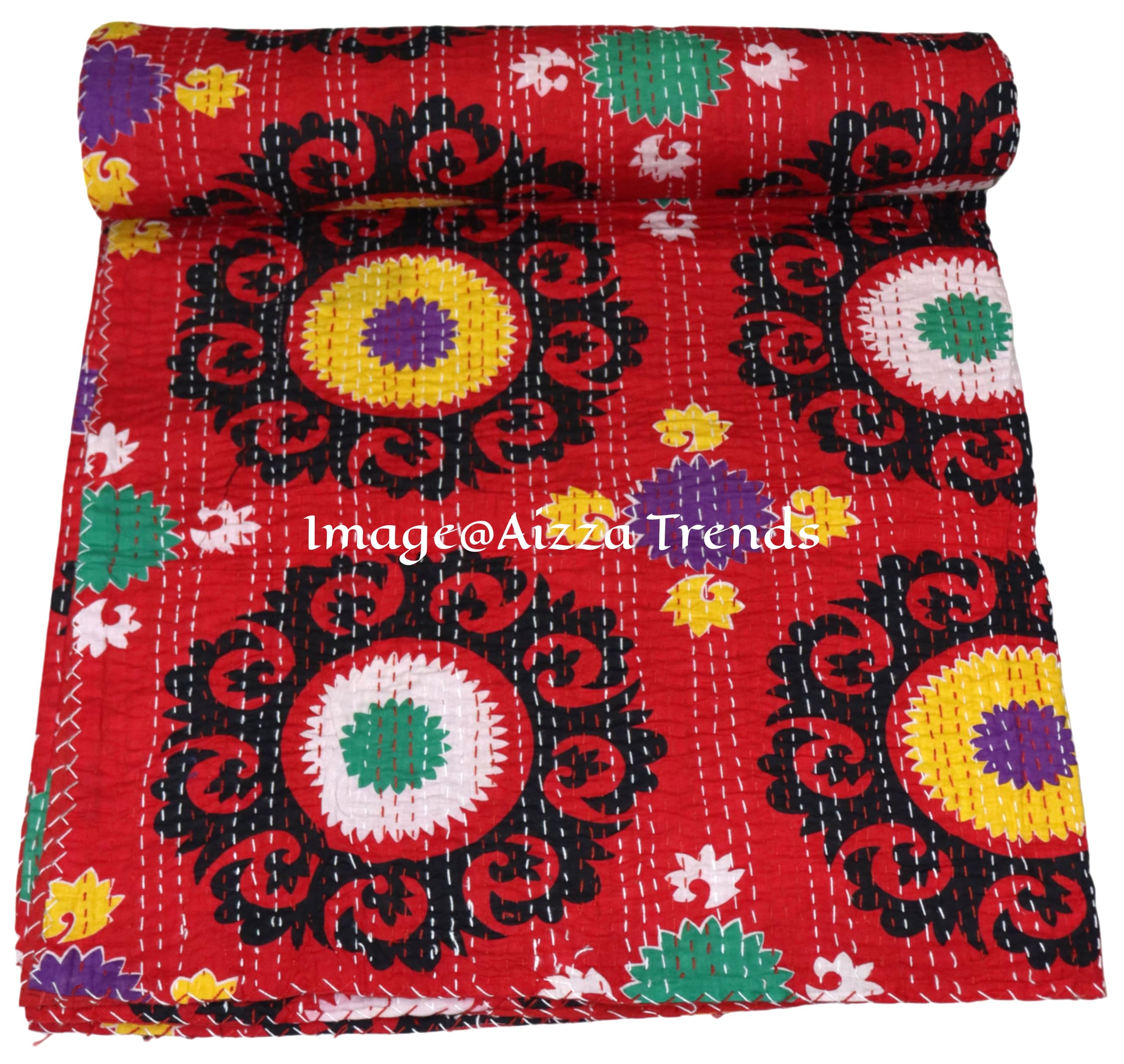 Couvre-lit Kantha en coton imprimé floral fait main, l'âme de l'Inde