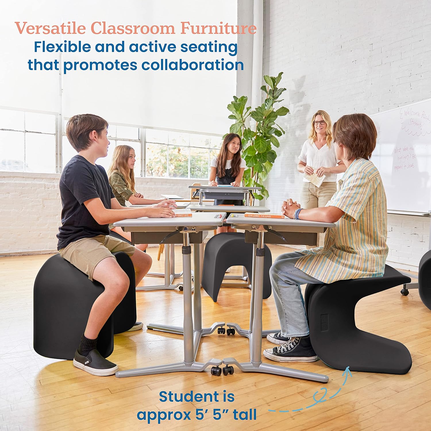 ECR4Kids Wave Seat Perch Stool, 18in - 19.6in Seat Height, Flexible Seating, Black, 2-Pack