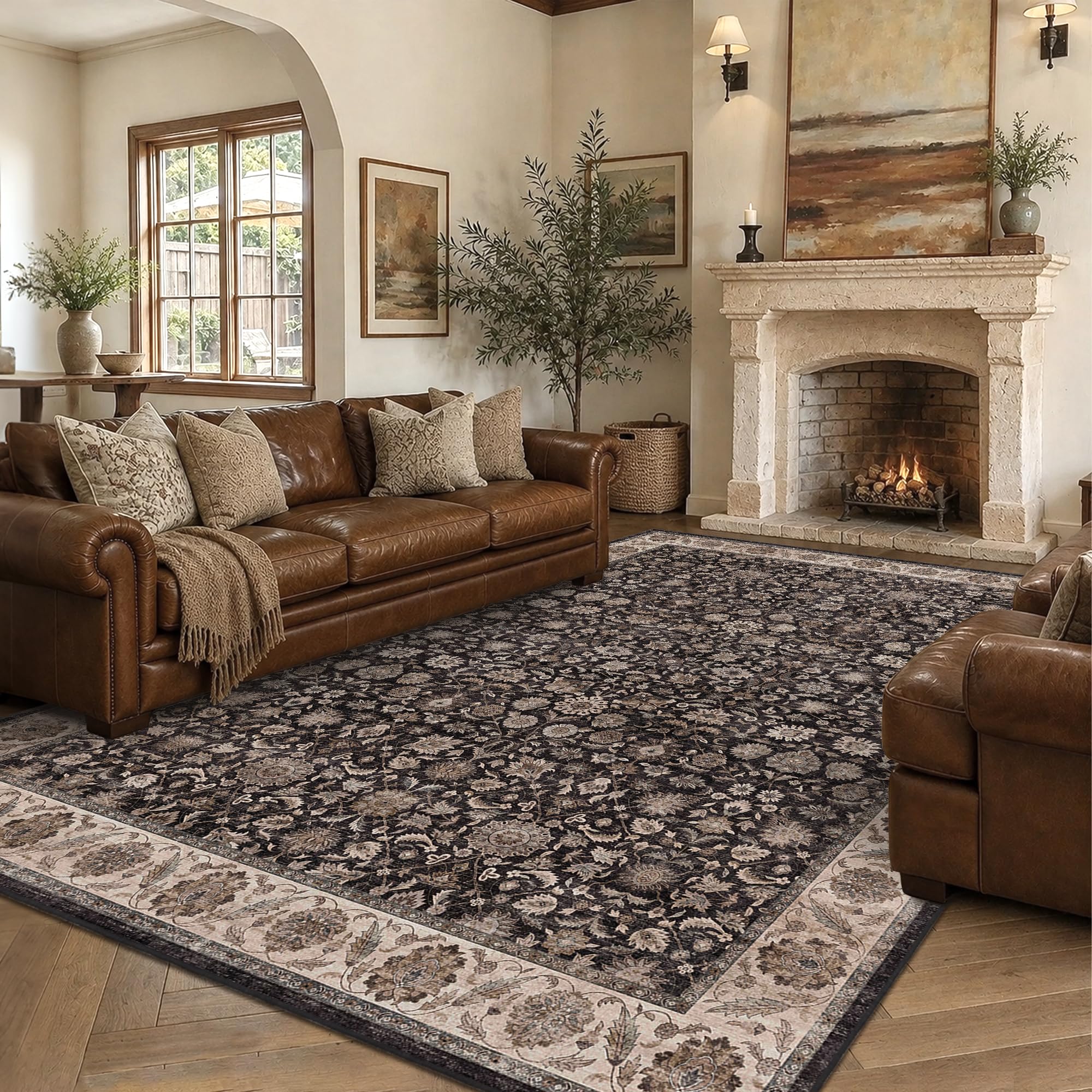 View 1 of DUIDY Area Rug 8' x 10' Charcoal/Beige Distressed Vintage