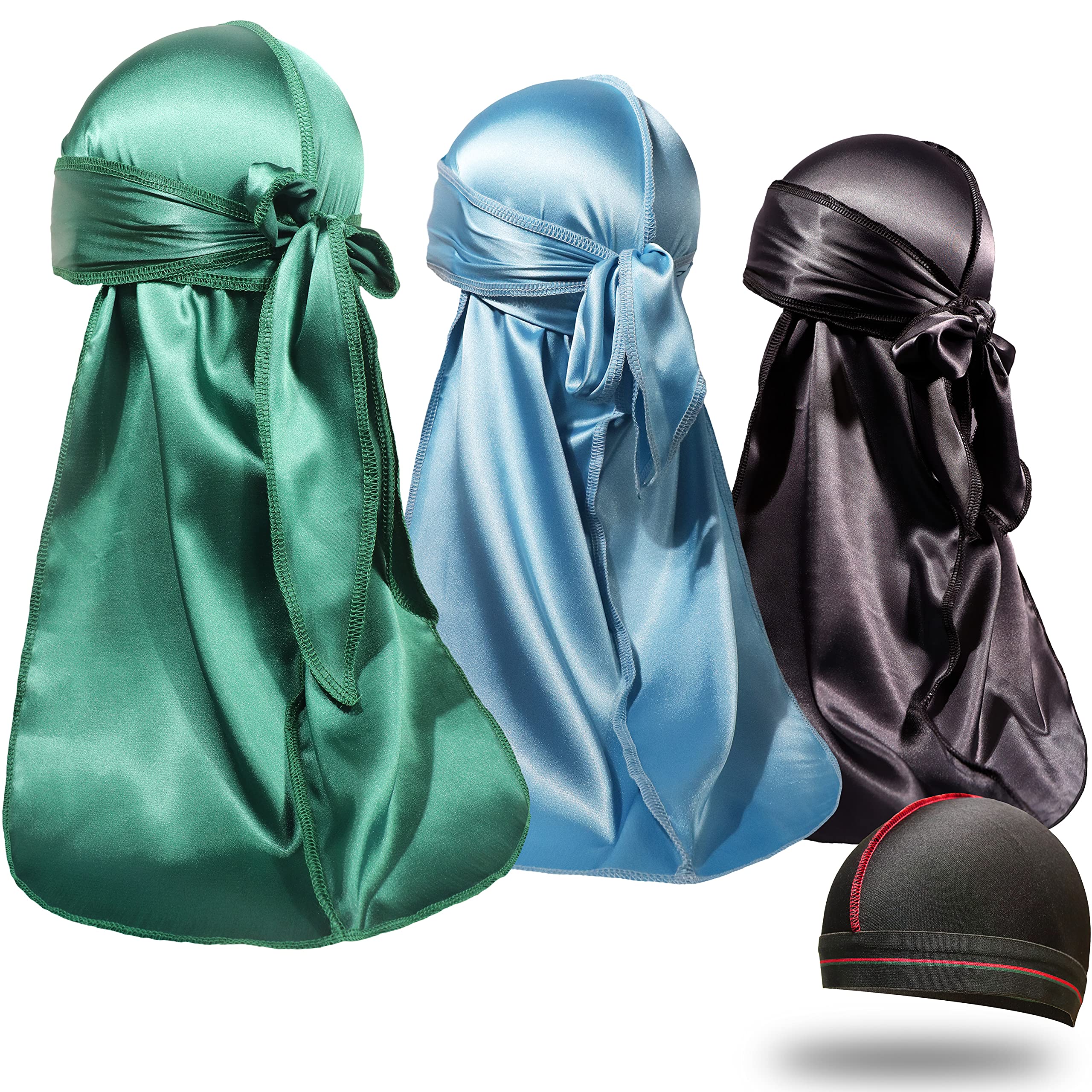ForceWave Silky Satin Durags 3 Pieces and 1 Wave Cap Pack for Men Waves