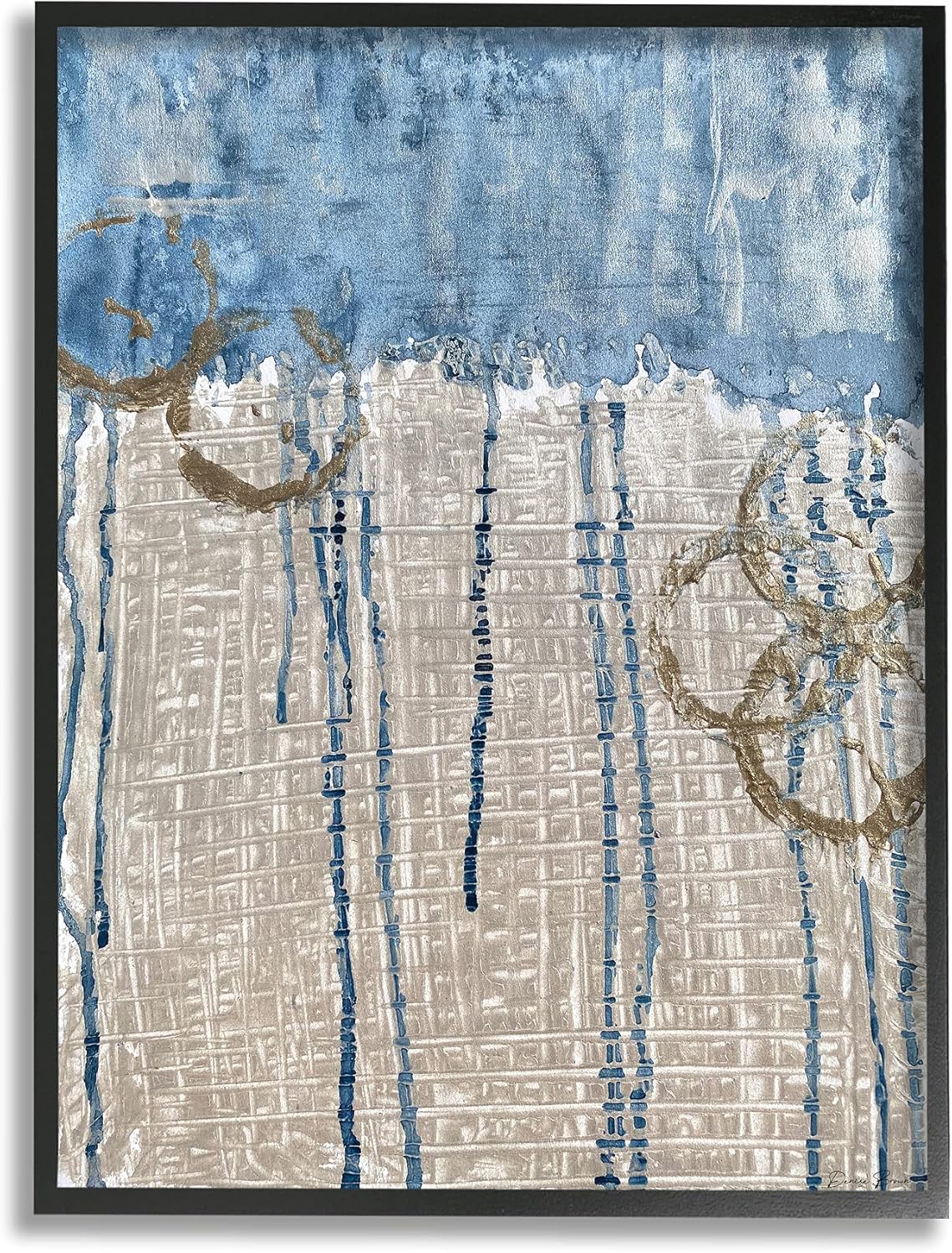 Stupell Industries Abstract Blue Dripping Over Whicker Style Grid, Designed by Denise Brown Black Framed Wall Art, 16 x 20, Beige 16x20 Farmhouse