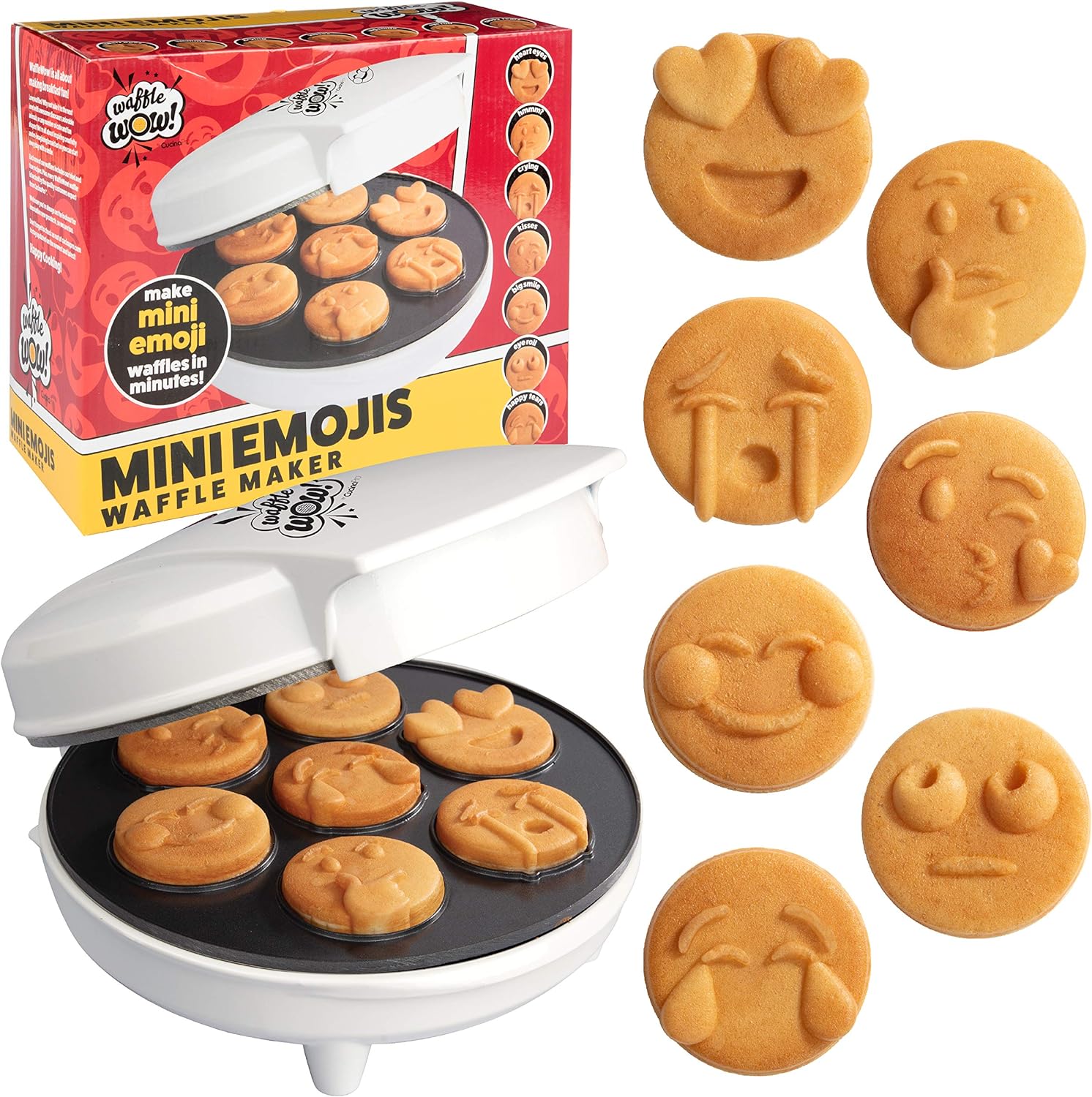 Mini Emojis Waffle Maker- 7 Unique Smiley Face Waffles Pancakes- Electric Non Stick Iron Feat. Kiss Face, Heart Eyes & Smile, Easter Basket Breakfast Gift for Kids, Adults- Officially Licensed Emoji