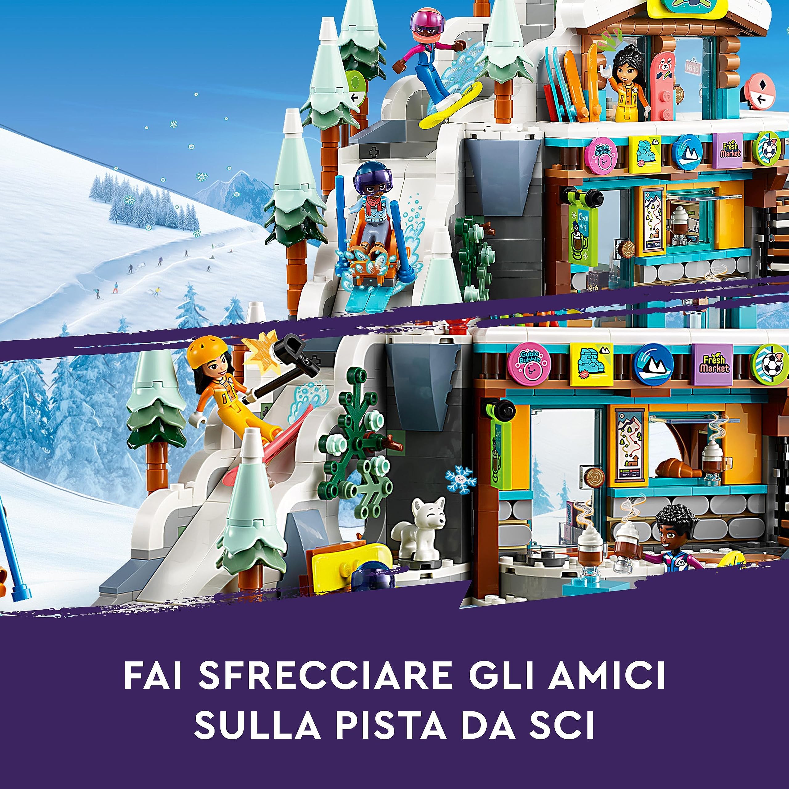 LEGO Friends Pista da Sci e Baita, Set Sport Invernali, Giochi per Bambine, Bambini, Ragazzi e Ragazze con Mini Bamboline di Liann, Aron e Zac e Figura Di Animale Fox, Regalo Creativo per Natale 41756