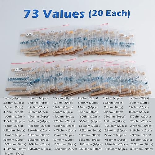 Miniatura 5 de 1460pcs 1/4W 73 valores 1% de tolerancia de resistencia electrónica de película metálica Kit surtido 10R-1M Ohm con una cinta adhesiva para Arduino