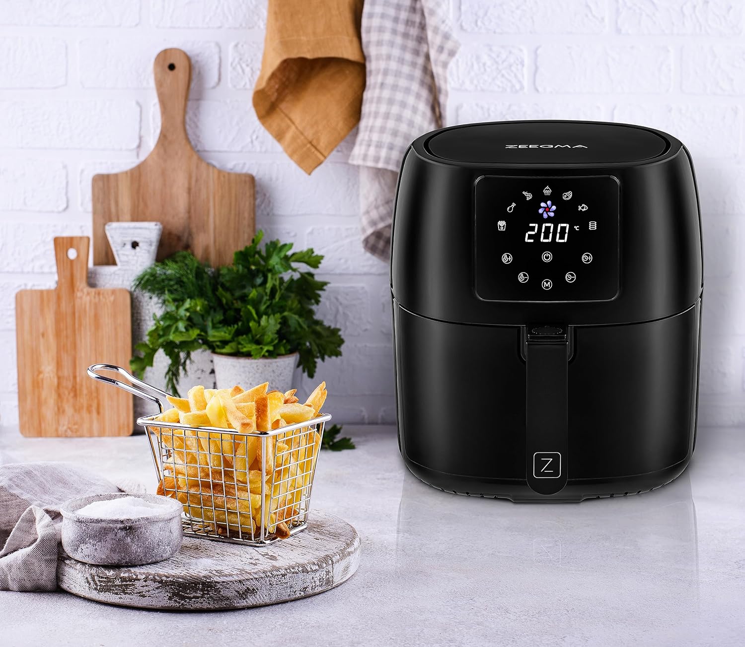 ZEEGMA Knapper Pro friggitrice senza olio 1400W, Temperatura 60-200°C, Tempo di riscaldamento 60s, Cestello e ciotola di grande capacità, Rivestimento in teflon, 8 programmi, Lavabile in lavastoviglie ZEEGMA Knapper Pro friggitrice senza olio 1400W, Temperatura 60-200°C, Tempo di riscaldamento 60s, Cestello e ciotola di grande capacità, Rivestimento in teflon, 8 programmi, Lavabile in lavastoviglie