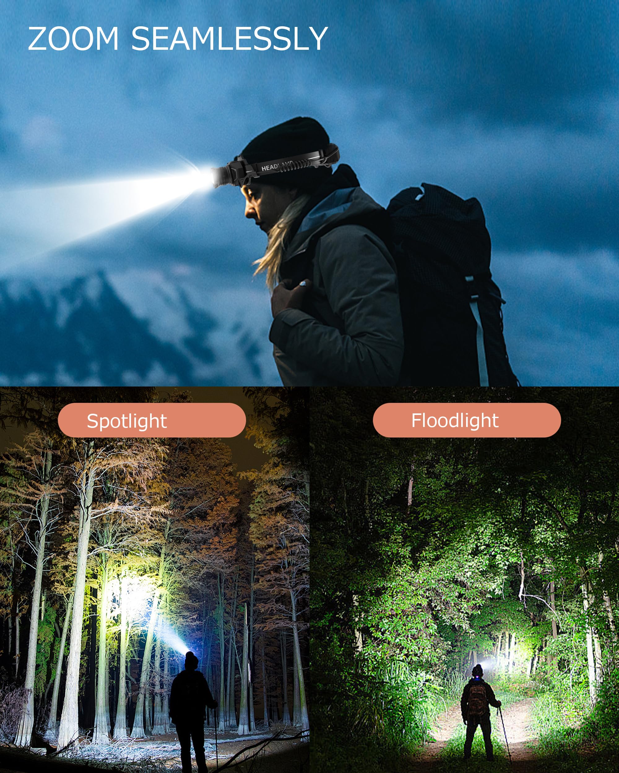 Torcia frontale ricaricabile con zoom e luce laterale rossa, 4000 lm, con sensore di movimento, luci a 3 colori, impermeabile IP65, regolabile a 90°, per escursionismo, pesca, campeggio