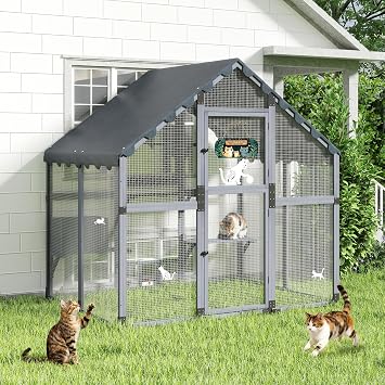 COZIWOW Large Cat Enclosure Catio Outdoor, Walk-in Cat House with Window Connection, Weatherproof ,Condo, Platform,Small Animal House for Multiple Kittens, Grey