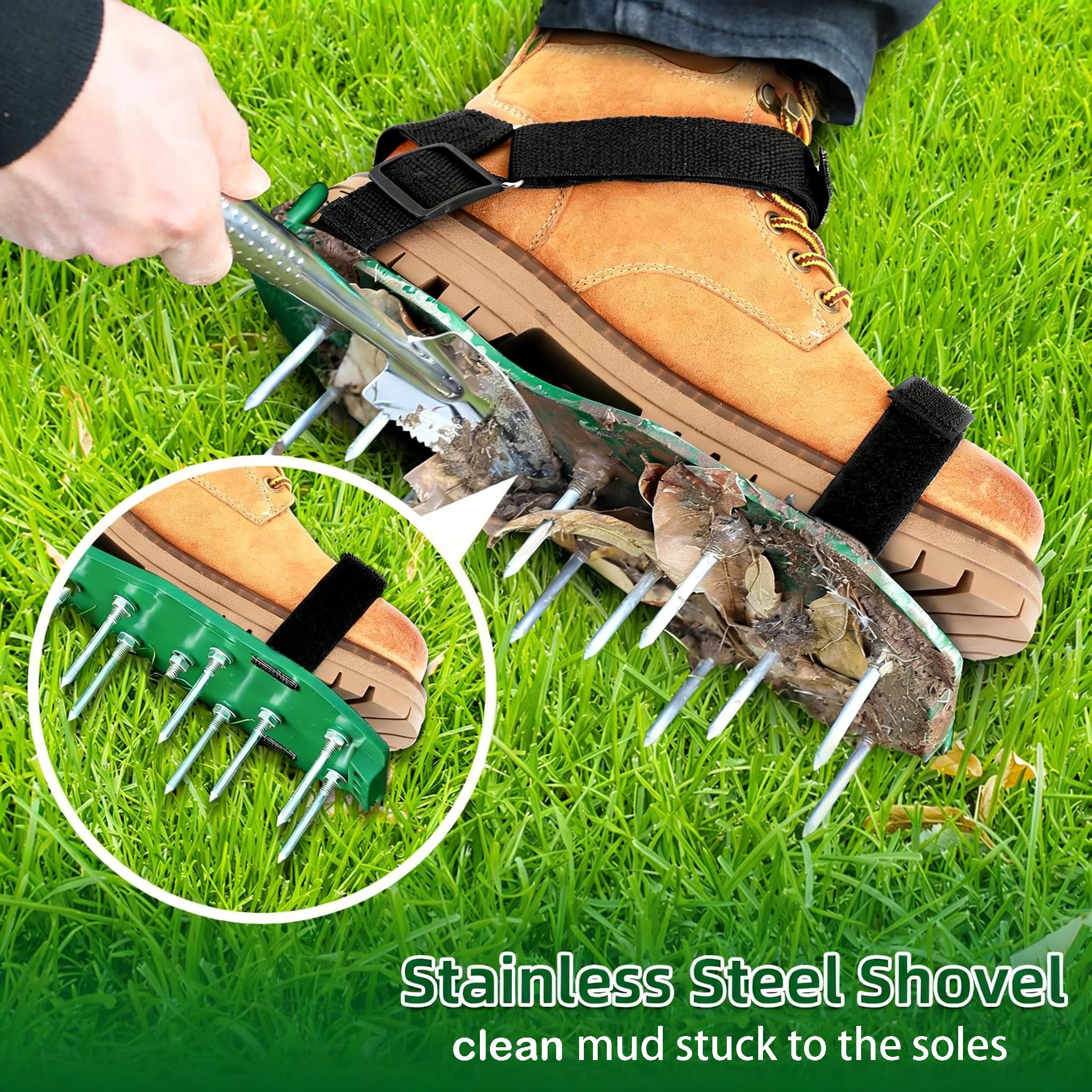 Lawn Aerator Shoes, Upgrade 2''Heavy Duty Spike Shoes with Hook&Loop Straps, Free-Installation Grass Aerator Lawn Tool One Size Fits All Spiked Sandals for Yard Patio Garden Grass (Green) — view 6