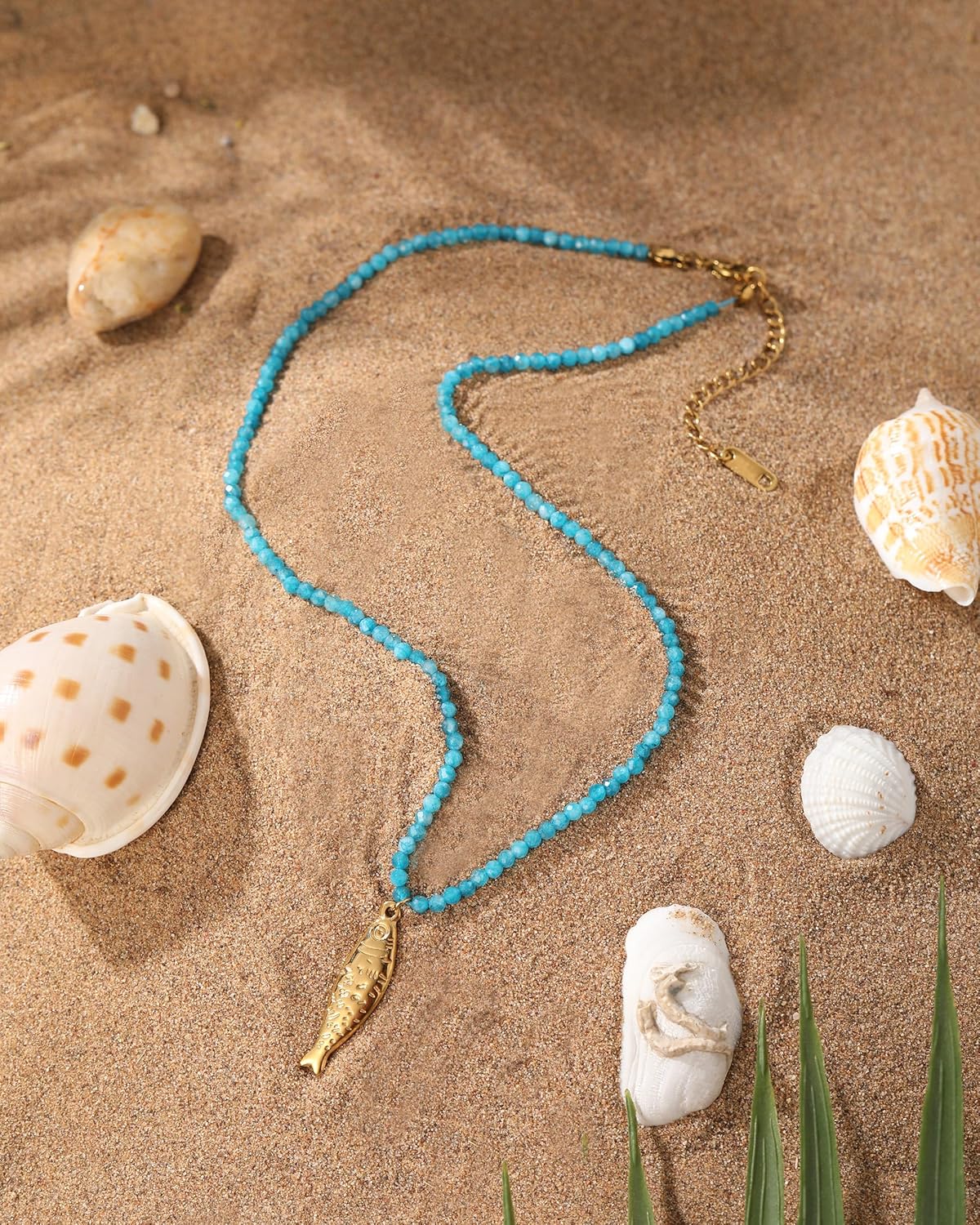 Boho Fish Necklace for Women, Natural Stone Beaded Necklace with Ocean Fish Pendent Charm, Bohemian Beach Jewelry - Image 2
